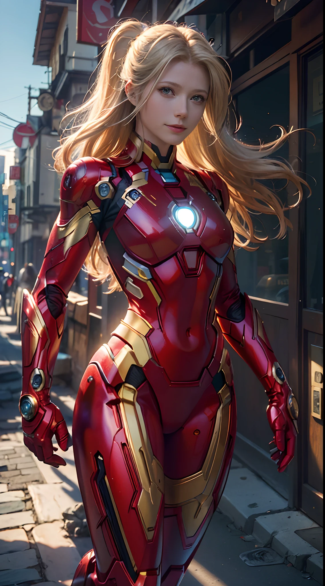 1girl, Gwyneth Paltrow as  Ironman (from marvel studios), red Ironman suit (holding your helmet), smile, look at viewer, (masterpiece, best quality, detailed cloth texture, beautiful detailed face, intricate details, ultra detailed),  blonde hair, dynamic pose, (random angles), (Best quality, A high resolution, Photorealistic, primitive, buildings destroyed, abstract background, (8K,Masterpiece, ),Best quality, Masterpiec8K.hdr. High ribs:1.2, filmgrain, Blur bokeh:1.2, Lens flare, (vivd colour:1.2), (Delicate),