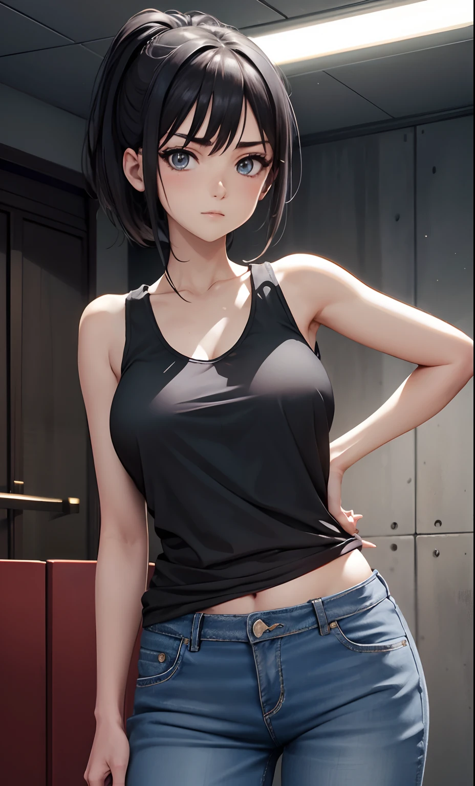 Hinata Hyuga,Meisterwerk, (Tanktop),Skinny Jeans, Seductive face, gute Beleuchtung, Ausschnitt, Kleine Details, Meisterwerk, Leuchtende Augen, 1girls, schwarzes Haar, im Gesicht, Glyzinien-Hintergrund, Meisterwerk, best quality, Half body, Erotik,big Breasts,