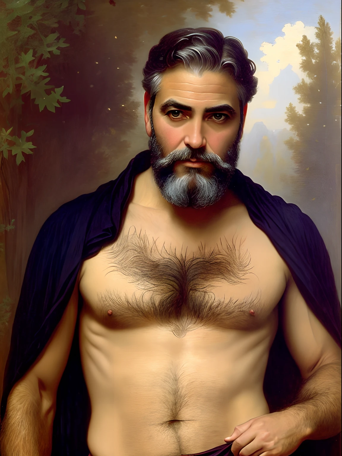 A full body portrait of George Clooney as an extremely strong and handsome 40s years old man, highly detailed painting, portrait, artwork by William-Adolphe Bouguereau, ethereal, poetic pastoral