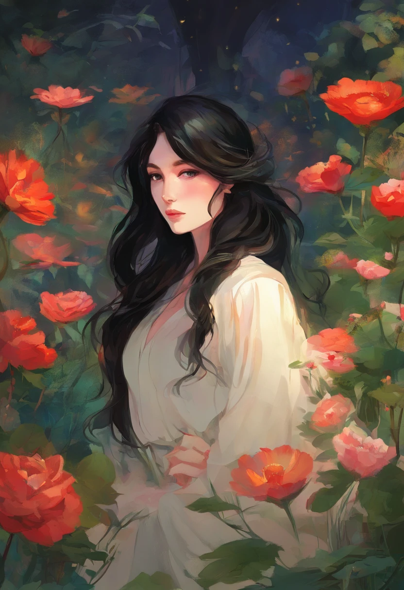 A girl with long curly black hair without bangs, green eyes, And he's wearing a red jacket and a white shirt, In the style of the contemplative garden cabos, Bunte Animationsfotos, Masami Teraoka, Dark and frightening colors, Paul Gauguin, Embry-Stil, Ehrliche Darstellung, In the background, the interior of a large wooden haunted house can be seen