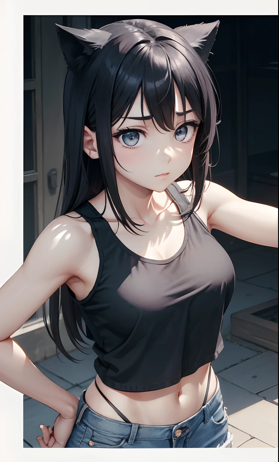 Hinata Hyuga,Meisterwerk, (Tanktop),Skinny Jeans, Seductive face, gute Beleuchtung, Ausschnitt, Kleine Details, Meisterwerk, Leuchtende Augen, 1girls, schwarzes Haar, im Gesicht, Glyzinien-Hintergrund, Meisterwerk, best quality, Half body, Erotik,big Breasts,