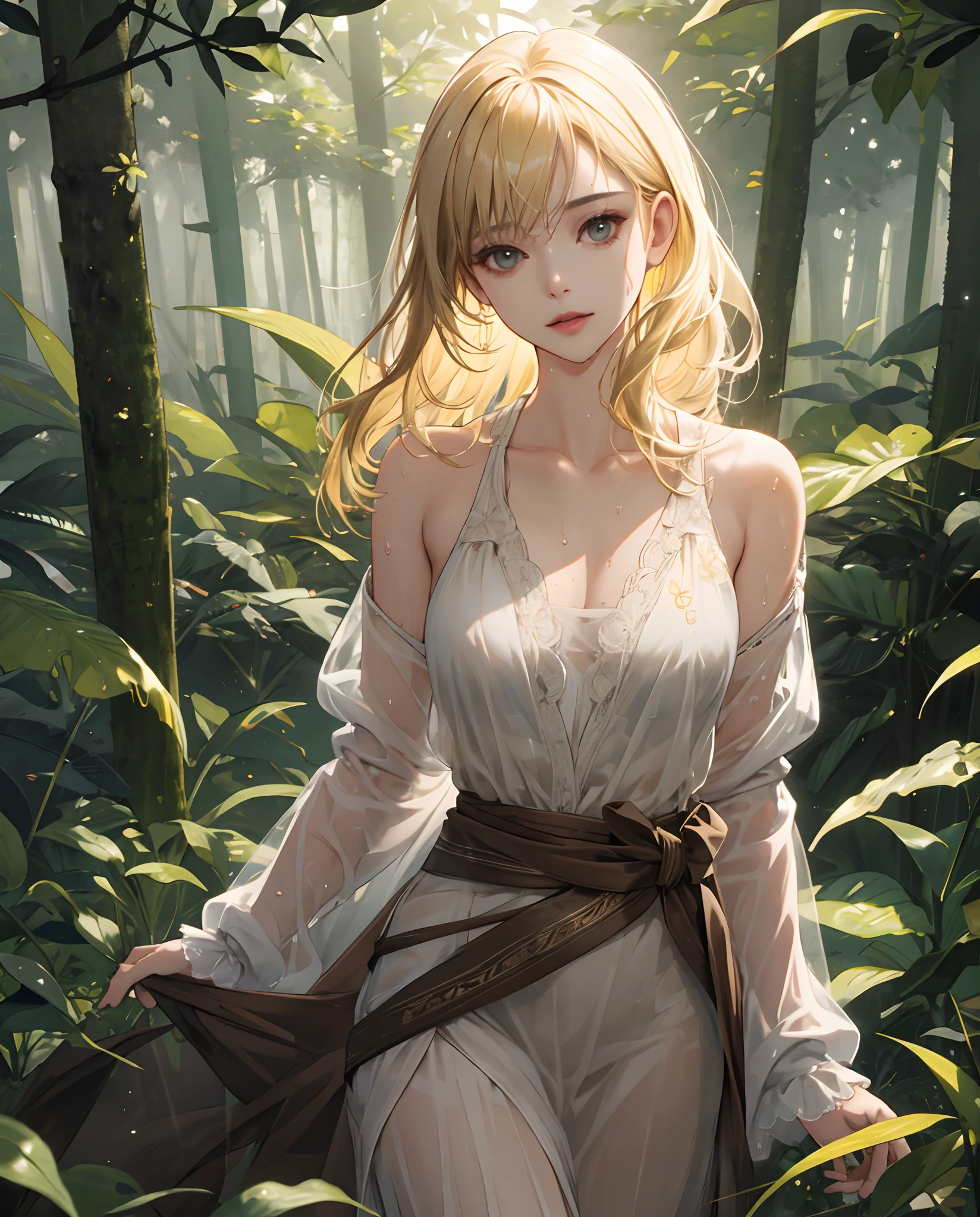(Masterpiece), (Best quality), (Detailed), Lightweight layer, 1 single girl, Young girl in the forest, Sexy transparent colonial dress, Perfect body, Blonde hair, Defined chest, Defined collarbones, Ultra photo realsisim, Photorealistic, Detailed, Lively transparency, Wet clothes,
