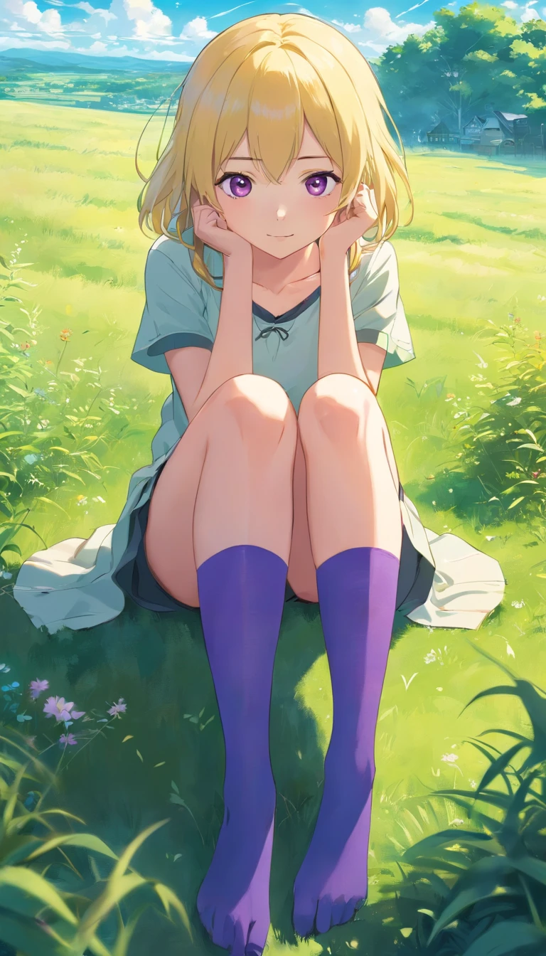 best qualtiy, tmasterpiece, 超高分辨率, realisticlying, 1 girl, Long pale yellow hair,Heterochromic pupils,Long legs, set,Lori sits,Jumpy,Purple stockings,grassy fields,Totoro,with blue sky and white clouds
