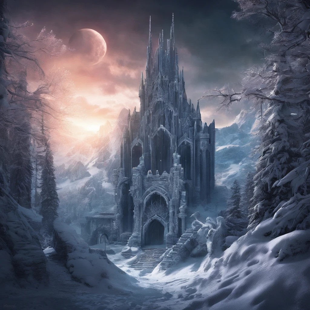 snowy scene of the ruins of a large city with a large temple carved in the side of a mountain, archways, vegetation and wildlife , marc adamus, inspired by the elder scrolls, inspired by Skyrim, two moons one large and red moon one small and white moodragon flying in the distance, frozen like a statue, miss aniela, beautiful render of a fairytale, photorealistic disney, queen of winter. Dark fantasy concept art, Skyrim Concept art, Dark souls concept art View from miles away