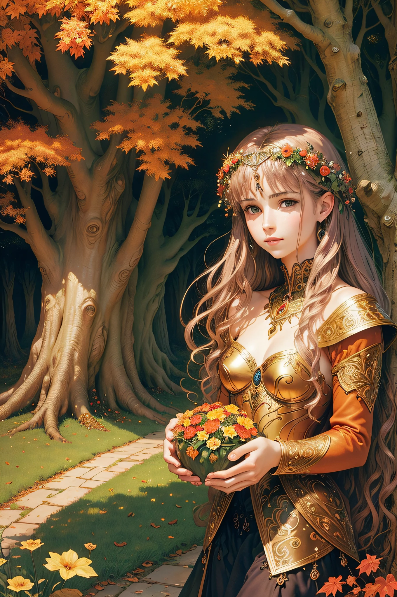 Masterpiece. Top quality. Autumn fantasy landscape. Autumn in fairyland, beautiful landscape, autumn colors, a beautiful fairy couple in love (man and woman) gorgeous clothes, elaborate picture with small details, plant motifs. Luis Royo, Gustav Klimt, Andreas Höher