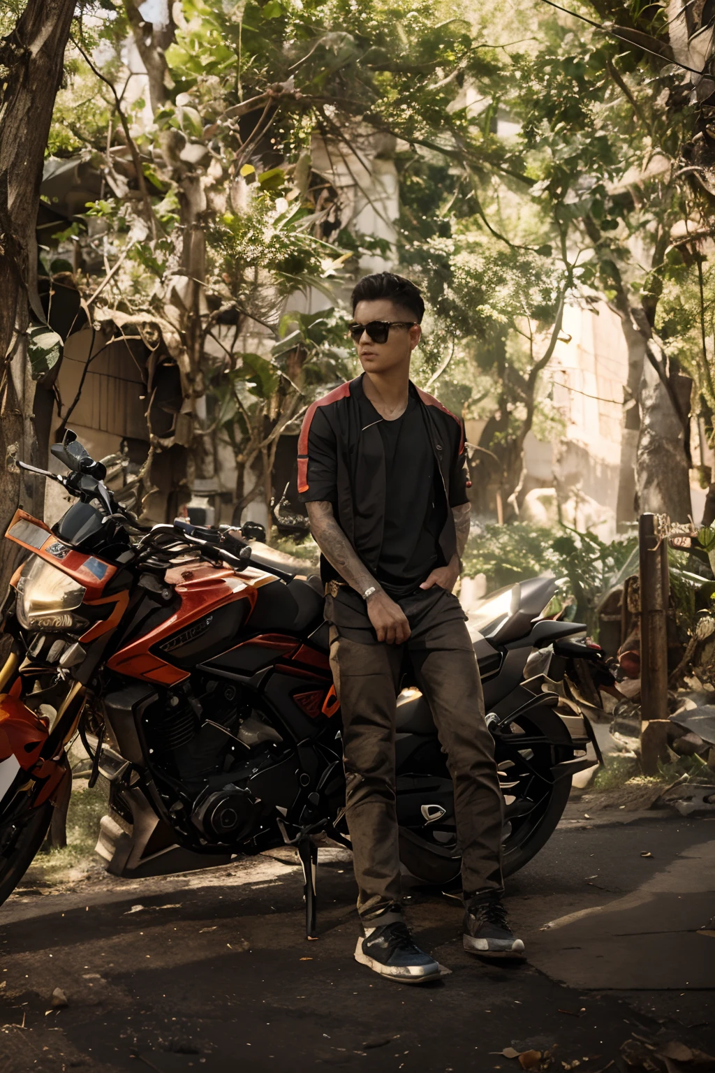 Chang Background cyberpunk Gangsater Hansome Boy,Bchange colour of the bike ,Realstic face,8k,Ultra realstic