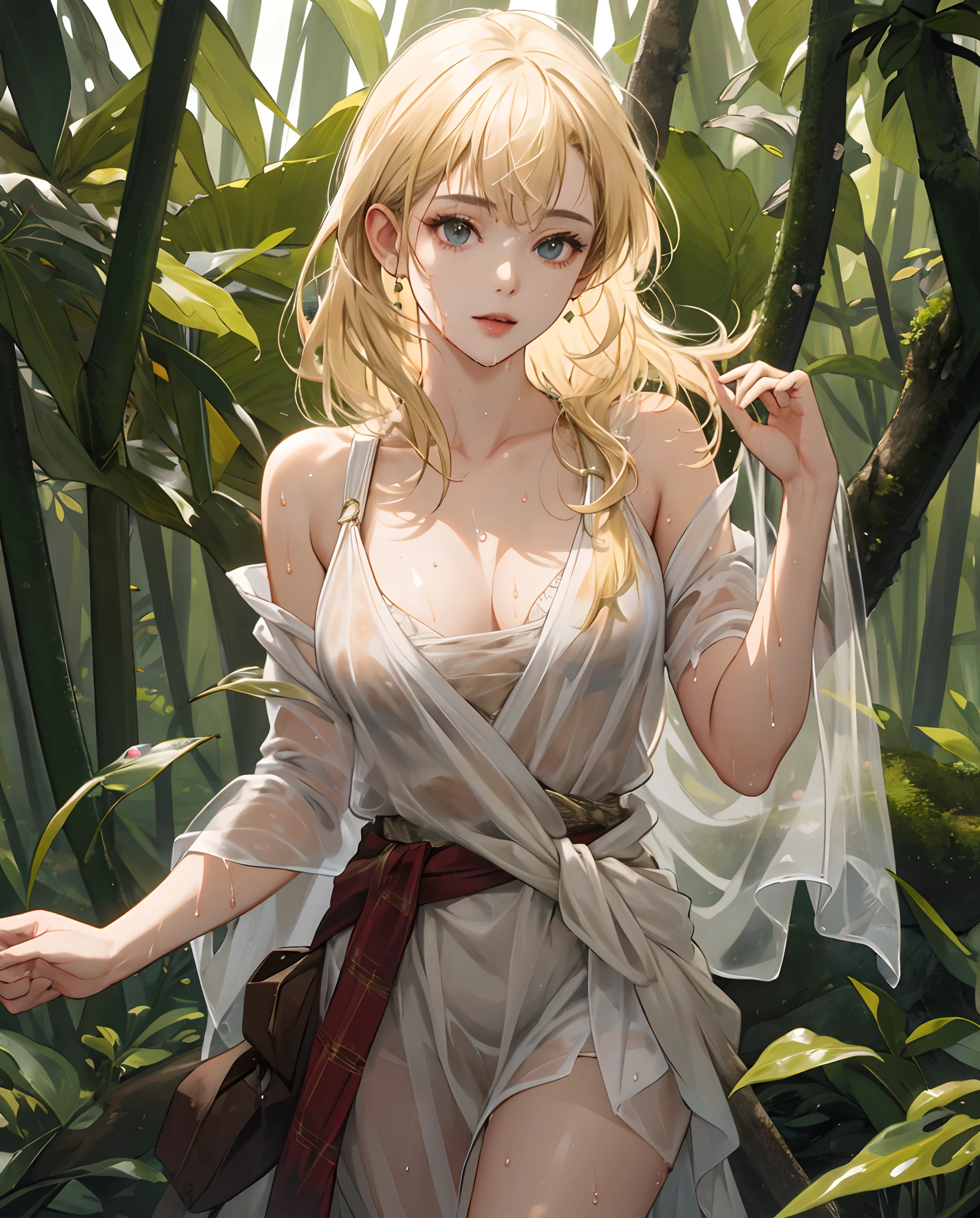 (Masterpiece), (Best quality), (Detailed), Lightweight layer, 1 single girl, Young girl in the forest, Sexy transparent colonial dress, Perfect body, Blonde hair, Defined chest, Defined collarbones, Ultra photo realsisim, Photorealistic, Detailed, Lively transparency, Wet clothes,