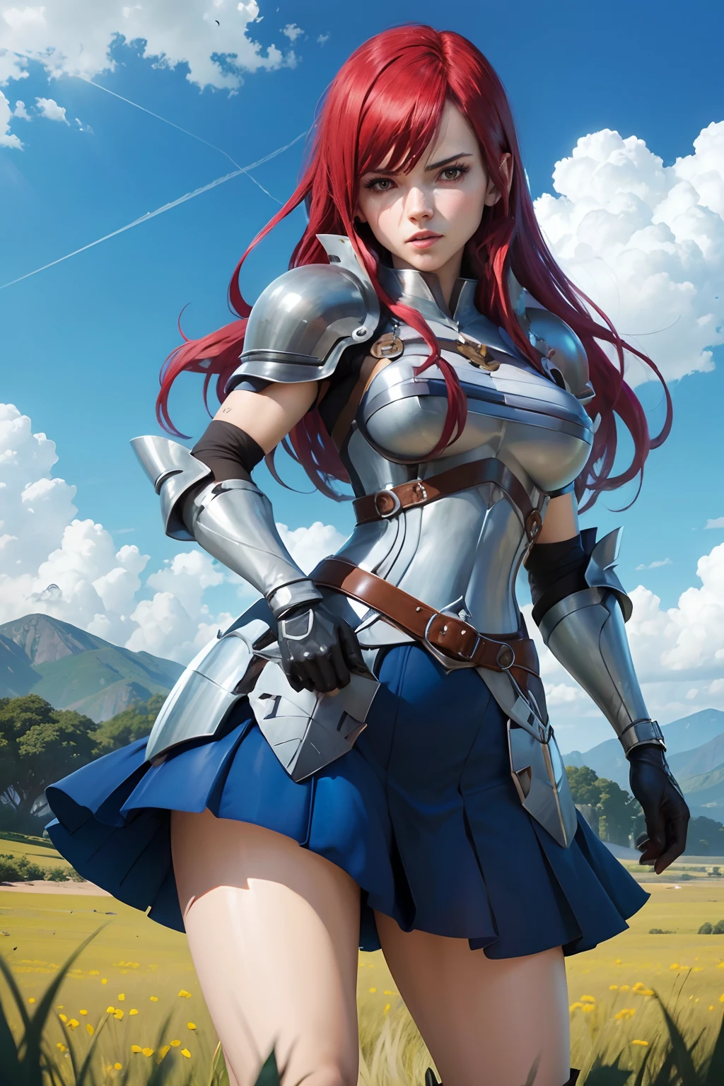 ((Personagem hyper realista)), (Erza Scarlet de 25 anos), Fairy Tail, ((defronte, (corpo inteiro), corpo perfeito, corpo intrincado)), pernas grossas, long hair, cabelo vermelho, ((armadura prateada)), (saia azul), ombros a mostra, pernas a mostra, meias longas, /Hiper realista, qualidade extrema, maximum details, max quality, Hyper realistic Cinematic lighting/