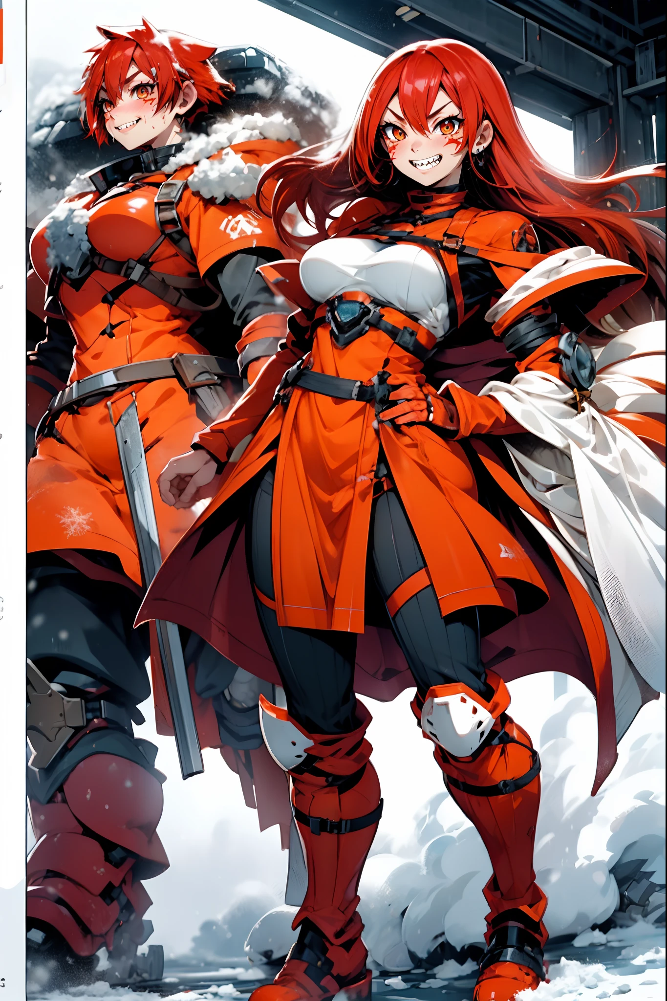 lava, red hair, orange eyes, adventurer cloths, big breast, smile, facial mark, long hair, standing solo, full body, boots, sharpteeth, tundra snow