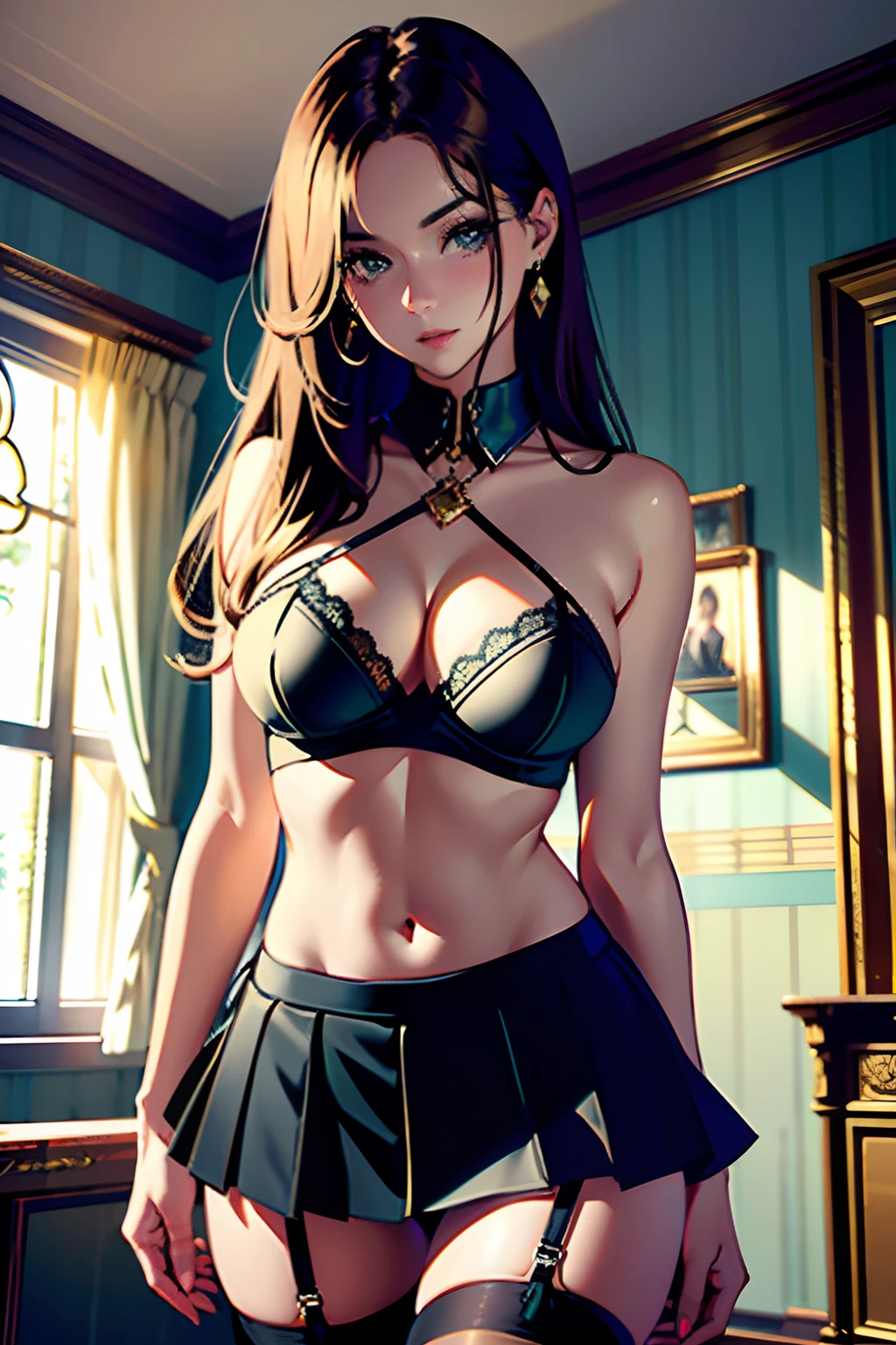 "has cleavage (((Beautiful girl 35 years old))) Sit in a golden armchair, In the mansion (((schoolgirl))) (((School miniskirt))), tight tshirt, (((In a room))), fantasy, brown hair. (( dices)). note "Even the smallest detail of the image, Especially the details of the eyes, Emphasis on realism. This official Unreal Art wallpaper (8K) is a very detailed one, Exquisite rendering, An aesthetic masterpiece of the highest quality. The use of dynamic angles shows the elegance and romanticism of the image. This character has a room, (())". Stockings, Skinny transparent silk, Ultra-thin clothes, ((dices )), ((Visible exposure )) visible navel, Open legs, ((Erotic lingerie thin transparent bikini)) (dices ) ((Miniskirt)) ((Blushing)) ((cheerfulness)) (Big breasts) ?????? pose.