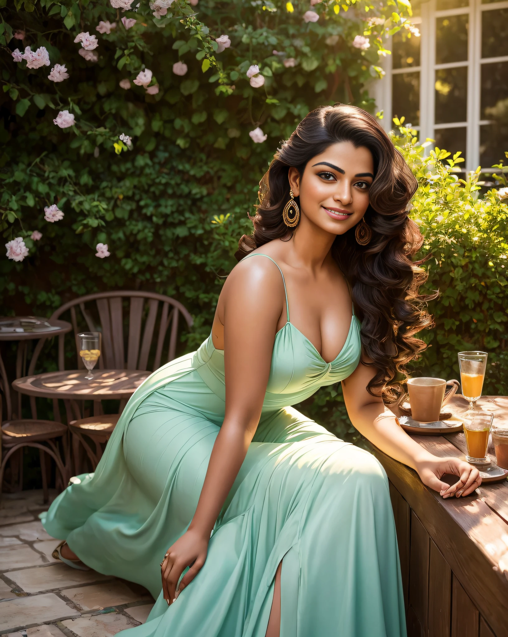 (masterpiece portrait photography:1.4) of a  alluring sexy curvy tall supermodel Suhasini Iyer, posing in a garden cafe, wearing beautiful, wearing strappy gucci minidress, ornate venetian garden, heels, (long flowing wavy backlit hair:1.2), vivacious,  glance, exhilarated (captivating kohl lined eyes:1.1) , ( smile:1.3) soft dramatic lighting, falling petals and flowers bokeh, key lighting, backlit, light rays, highly detailed, trending on artstation, paint splashes, rich colour, wind all around, abstract portrait, by Ron hicks
