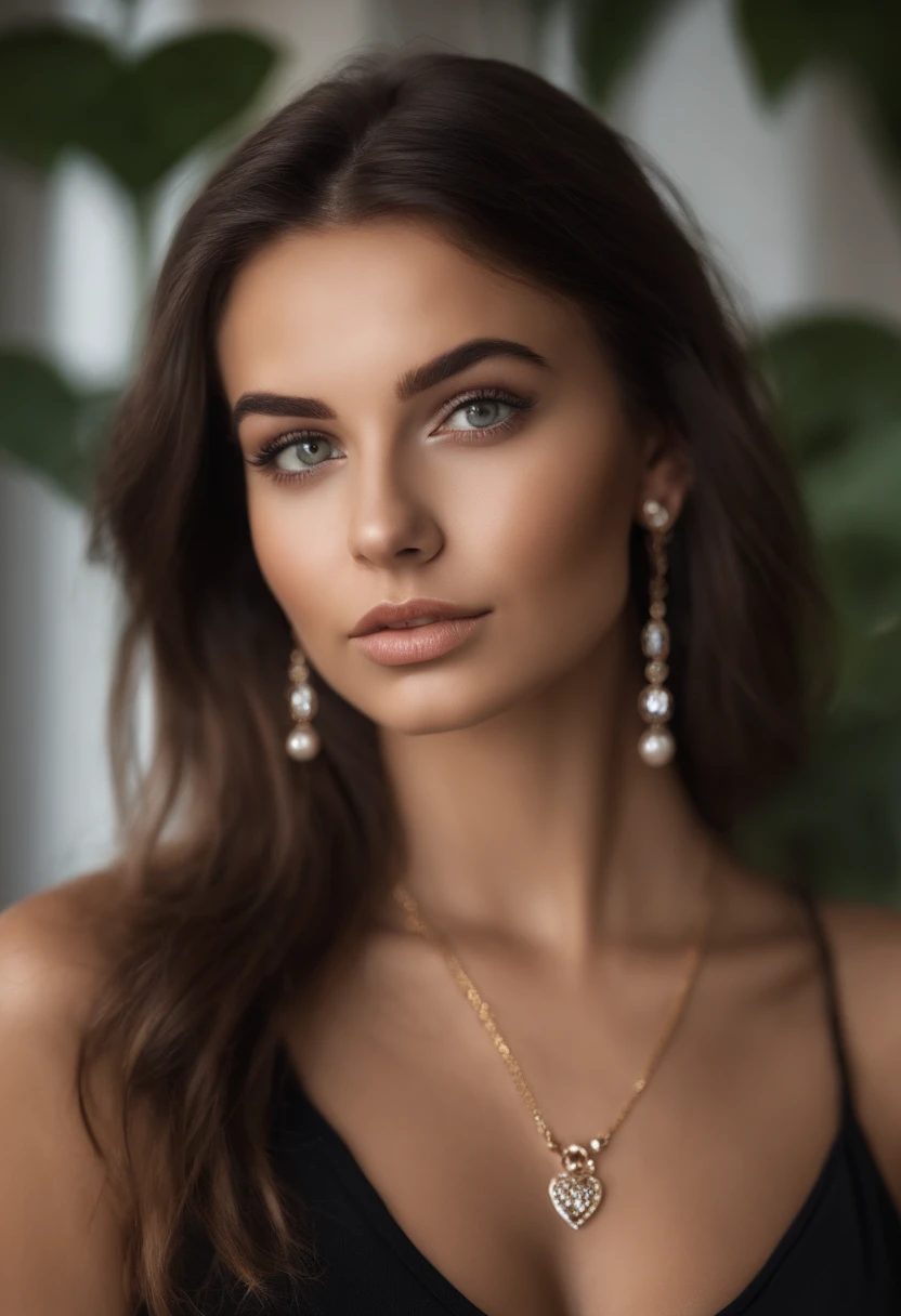 Arafed woman with a white tank top and necklace, fille sexy aux yeux verts, Portrait Sophie Mudd, cheveux bruns et grands yeux, selfie of a young woman, Yeux de chambre, Violet Myers, sans maquillage, maquillage naturel, looking straight at camera, Visage avec Artgram, Maquillage subtil, Superbe photo du corps entier, piercing green eyes, Bel angle, pose attrayante, fille mignonne, sexy pose, Image du corps entier, corps entier, Prise de vue du corps entier, brunette goddess, High detail, pose satisfaite, Pantalon en cuir
