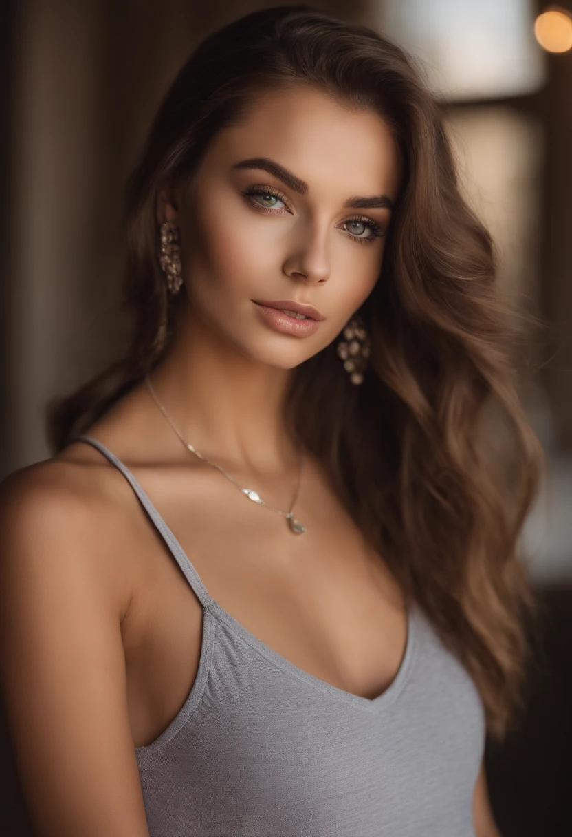 arafed woman with a white tank top and a necklace, at a club, sexy girl with green eyes, portrait sophie mudd, brown hair and large eyes, selfie of a young woman, bedroom eyes, violet myers, without makeup, natural makeup, looking directly at the camera, face with artgram, subtle makeup, stunning full body shot, piercing green eyes, beautiful angle, attractive pose, cute girl, sexy pose, full body picture, full body, full body shoot, brunette goddess, high detail, satisfied pose, wearing grey skirt and boots, skirt, boots