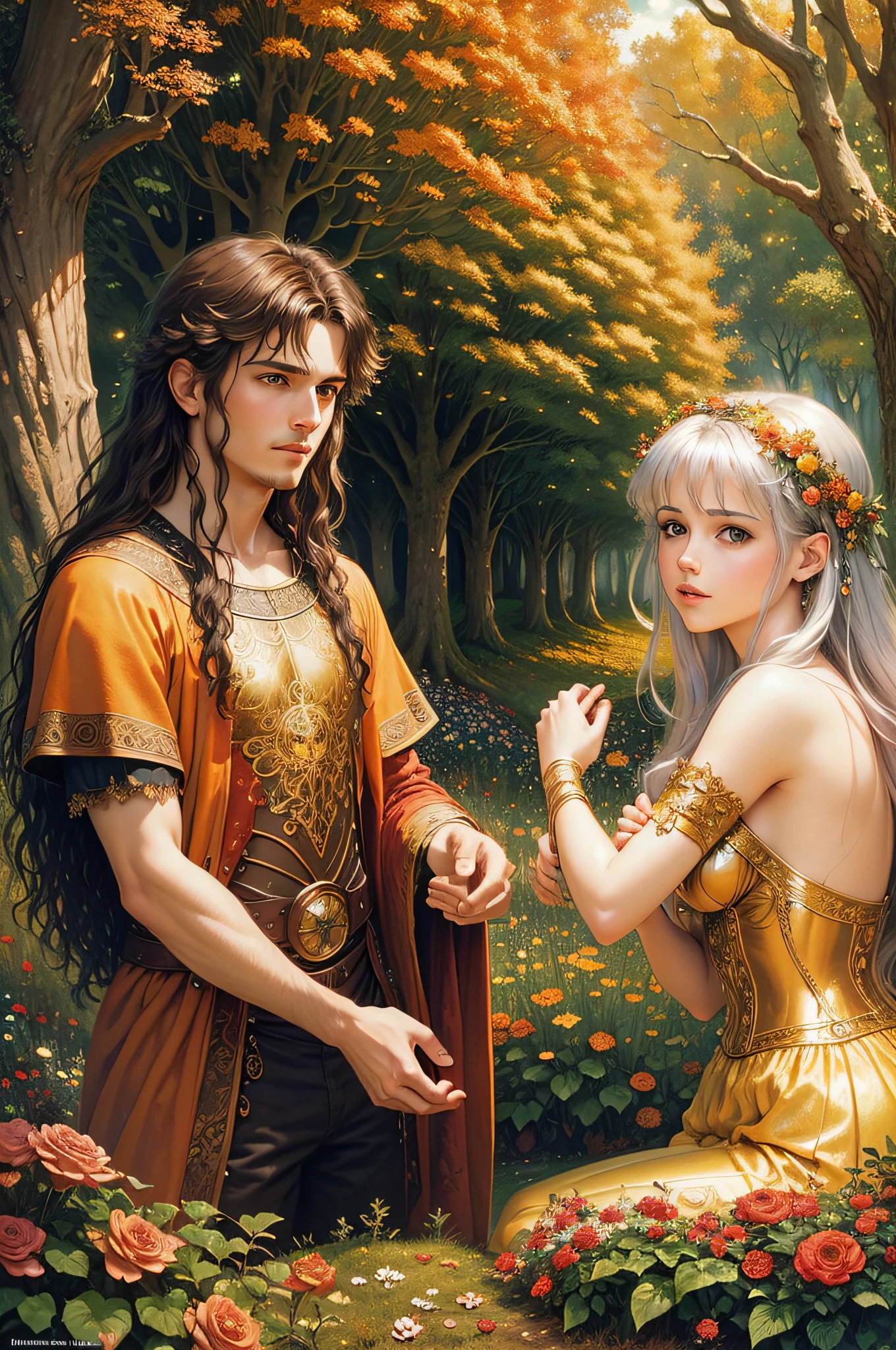 Masterpiece. Top quality. Autumn fantasy landscape. Autumn in fairyland, beautiful landscape, autumn colors, a beautiful fairy couple in love (man and woman) gorgeous clothes, elaborate picture with small details, plant motifs. Luis Royo, Gustav Klimt, Andreas Höher