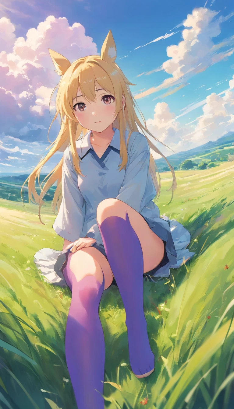 best qualtiy, tmasterpiece, 超高分辨率, realisticlying, 1 girl, Long pale yellow hair,Heterochromic pupils,Long legs, Loli set,Lori sits,Jumpy,Purple stockings,grassy fields,Totoro,with blue sky and white clouds,wide angles