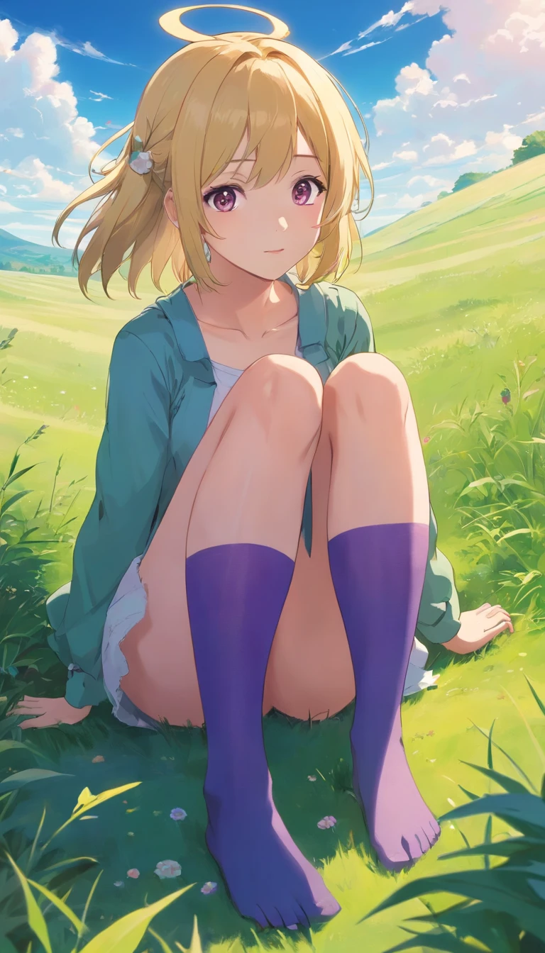 best qualtiy, tmasterpiece, 超高分辨率, realisticlying, 1 girl, Long pale yellow hair,Heterochromic pupils,Long legs, set,Lori sits,Jumpy,Purple stockings,grassy fields,Totoro,with blue sky and white clouds,wide angles