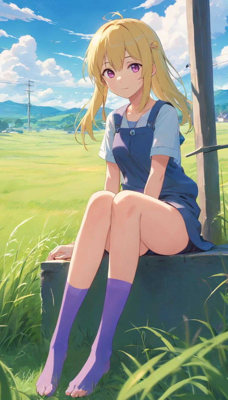 best qualtiy, tmasterpiece, 超高分辨率, realisticlying, 1 girl, Long pale yellow hair,Heterochromic pupils,Long legs, set,Lori sits,Jumpy,Purple stockings,grassy fields,Totoro,with blue sky and white clouds,wide angles
