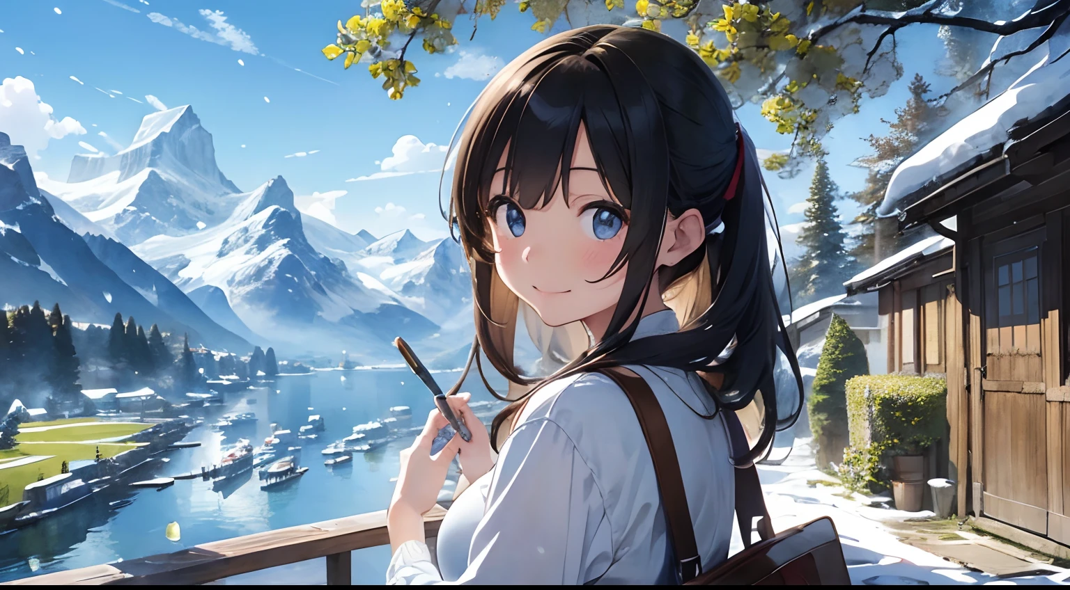 masterpiece、top-quality、Highly detailed illustrations、watercolor paiting、girl with、a smile、Switzerland Travel、snow mountains、lawn、blue-sky、