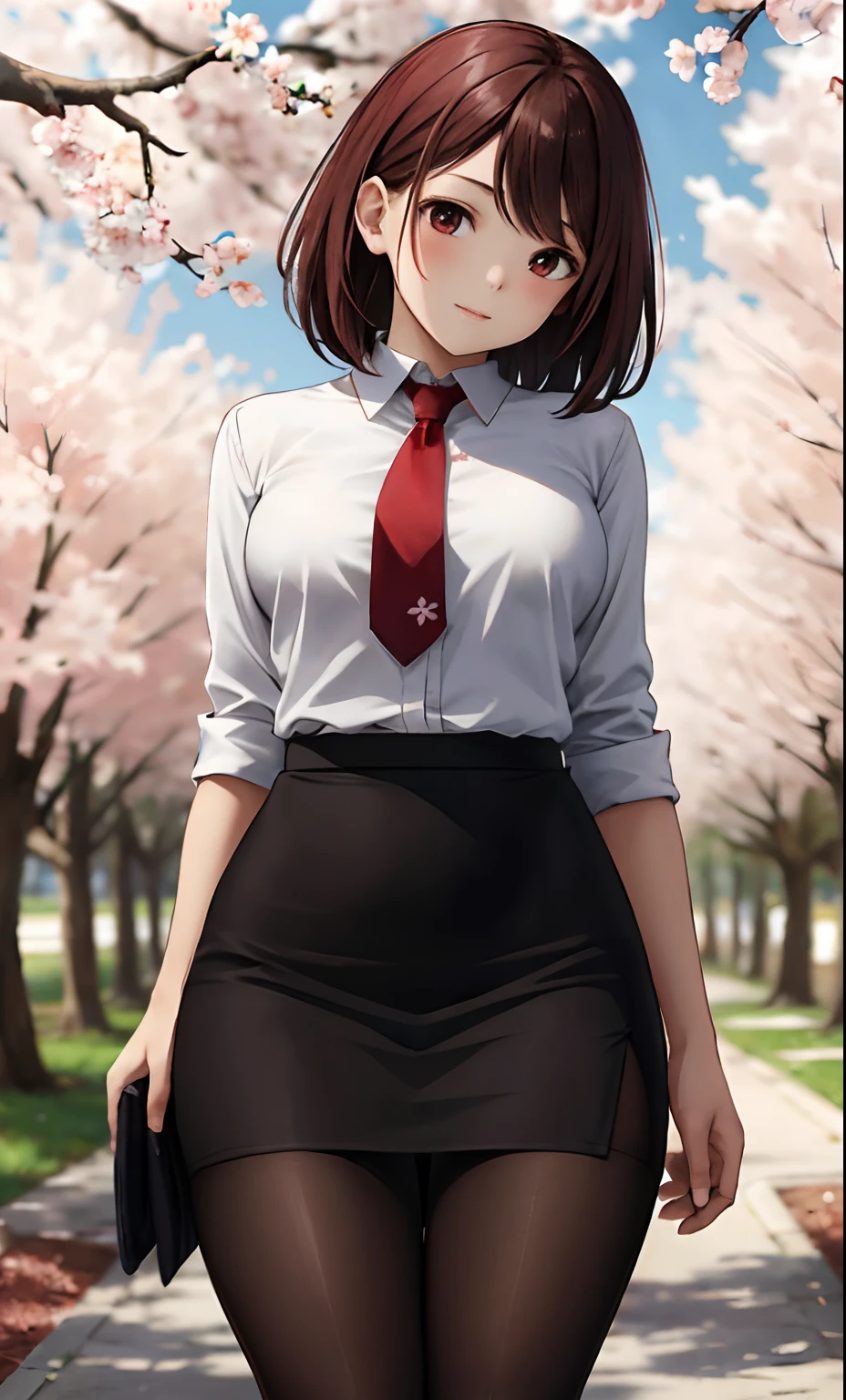 masterpiece, best quality,4girl,young girl, plum_pie eyes, brown, choppy bob,envious _face,shiny skin,medium breasts,nice leg line:1.3,thick thighs, thin waist,school uniform, thighhighs,necktie,((pencil skirt)),red color high heels, pantyhose, , Pathway_lined_with_blooming_cherry_blossom_trees,,looking at viewer,from below,full body, legsupsexms,