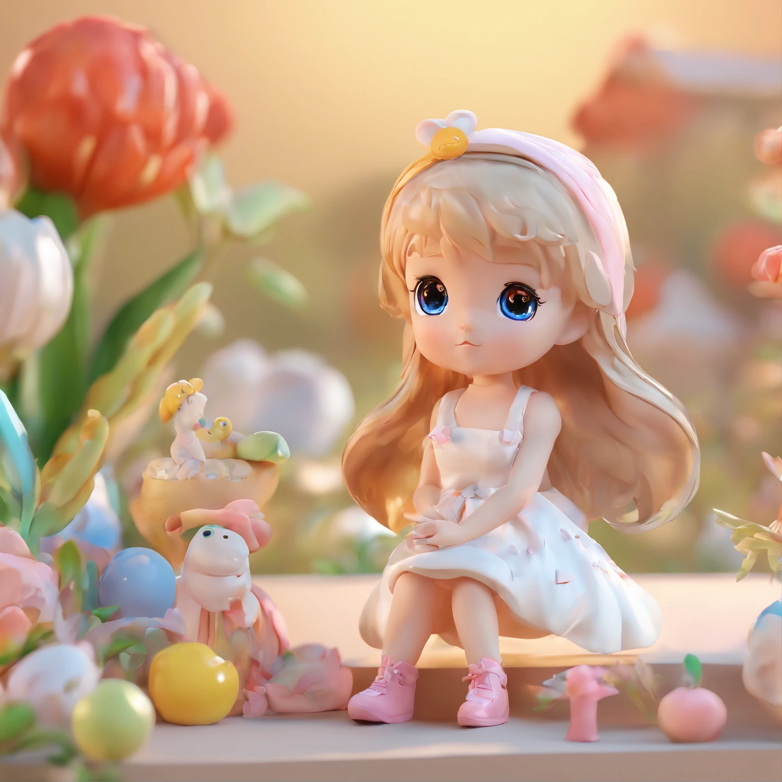 super cute girl IP by pop mart, Bright eyes, cherub,Little white dress, Clay, Models, a blind box toy, Glossy and delicate,Clean background, Good gloss, 3D rendering of,Best quality