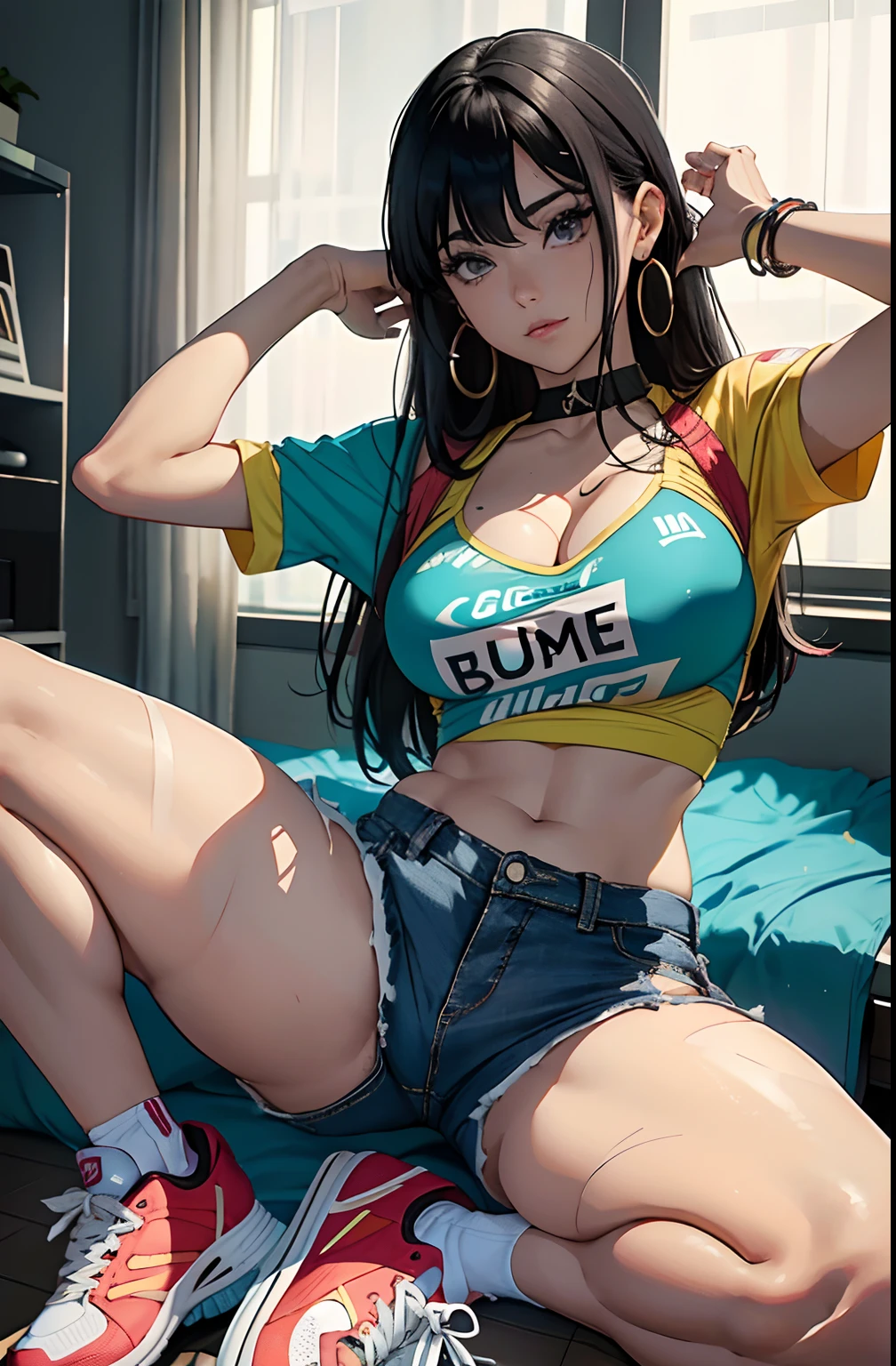 (Hinata Hyuga, muito sensual, com roupas de funkeira, brasileira, rio de janeiro, dancing funk, rebolando, bunda grande, pernas grossas, usando um short jeans extremamente curto, usando uma mini blusa, umbigo com pirsing, sneakers Nike, cabelo grande, Speaker behind, muito realista, extremamente sexy, 8k, 8k extremamente detalhado), (um extremamente delicado e bonito), (obra-prima), (melhor qualidade: 1.0), (ultra highres:1.0)