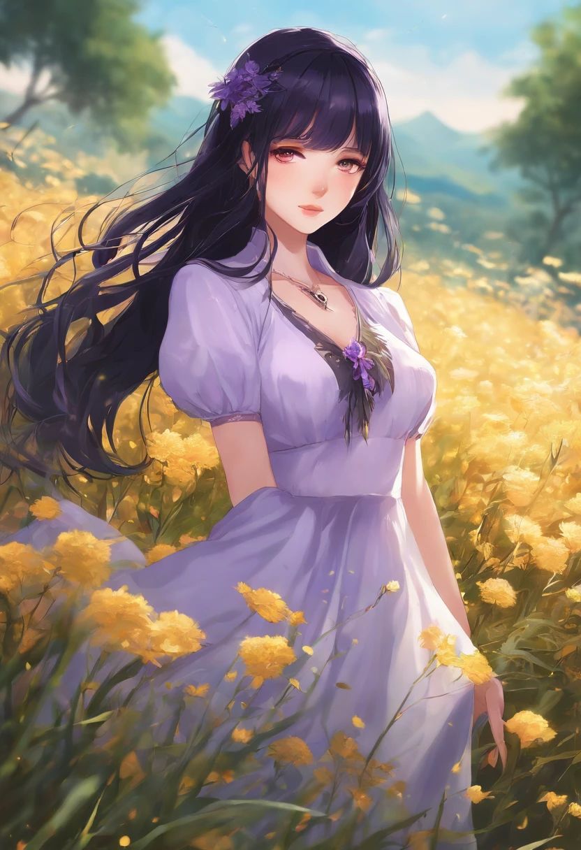 Young anime girl with black hair and purple eyes in a field, Stilisierter Anime, anime goddess, Radiant, magically shiny skin, Anime Waifu, Holy Necromancer Girl, Anime stilisiert, Waifu