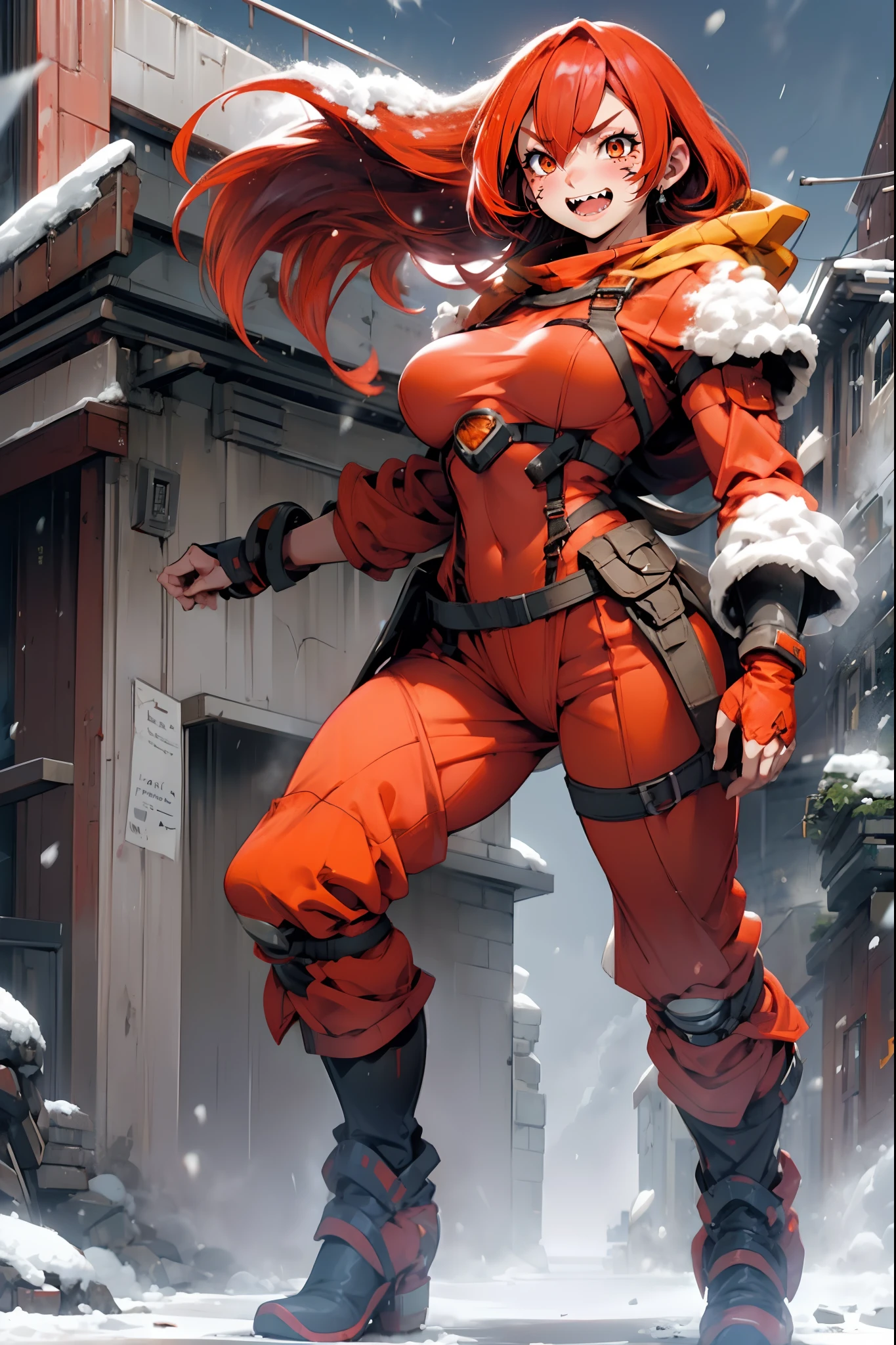 lava, red hair, orange eyes, adventurer cloths, big breast, smile, facial mark, long hair, standing solo, full body, boots, sharpteeth, tundra snow