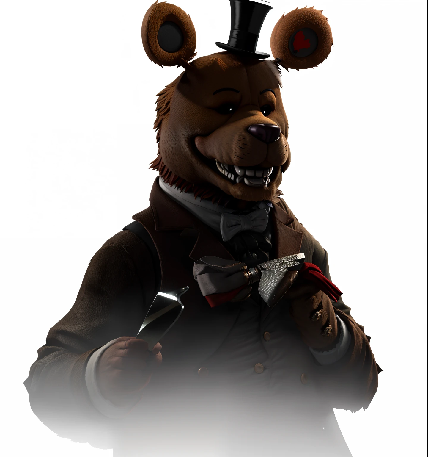 Large bear character with a top hat and a tie holding a knife, animatronic, springtrap, freddy fazbear, nightmare render, animatronics, horror animatronic, portrait of freddy fazbear, twisty, commission of freddy fazbear