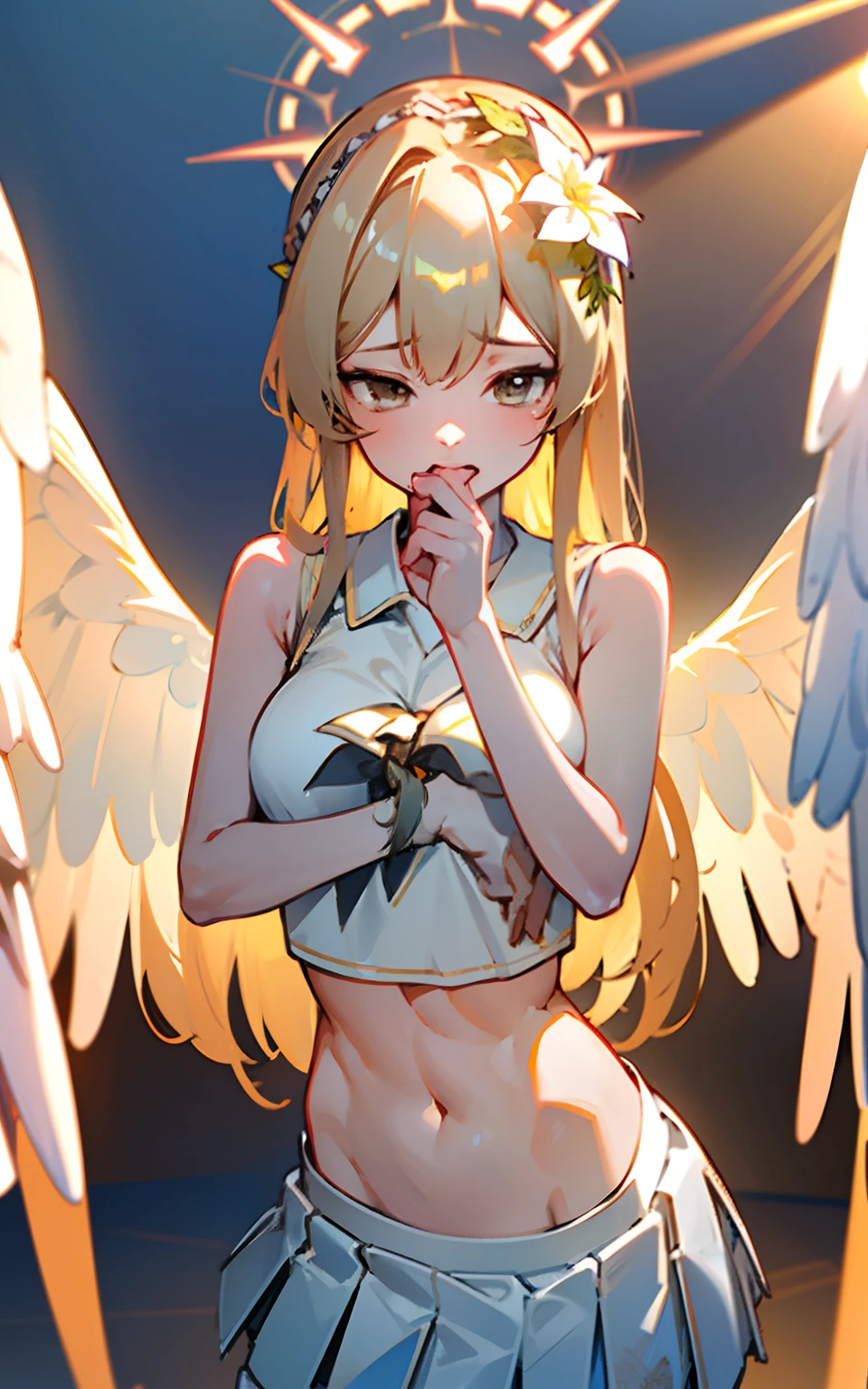 (Original Character、Unity 16K wallpaper, Masterpiece, Best quality, Ultra-detailed, Extremely detailed CG, Caustics, Cinematic lighting, Detailed, Beautiful detailed eyes,Long blonde hair,Brown eyes,angelic halo,Angel wings,Floral headdress,NSFW:1.8, Solo、Oily skin、18yr old), 超高分辨率, Fine skin, (cheer leader, Clothes writing, Crop top, Sleeveless shirt, midriff, Miniskirt, Pleated skirt), (Strong light)、((Illuminate the subject))