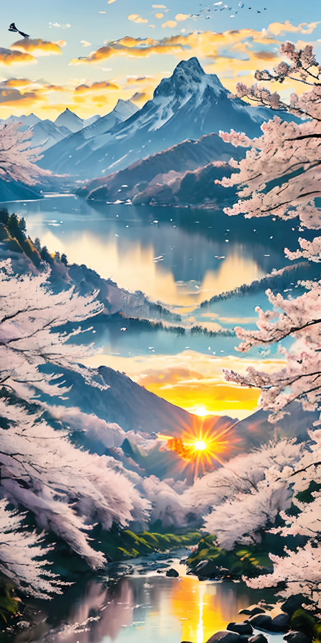 Deep forest, Distant mountains, Flying birds. Two-dimensional style, bright and energetic, Cherry blossoms cover the mountainside, The sunrise can be seen in the distance, A stream meanders, There are several daffodils on the shore, sunraise