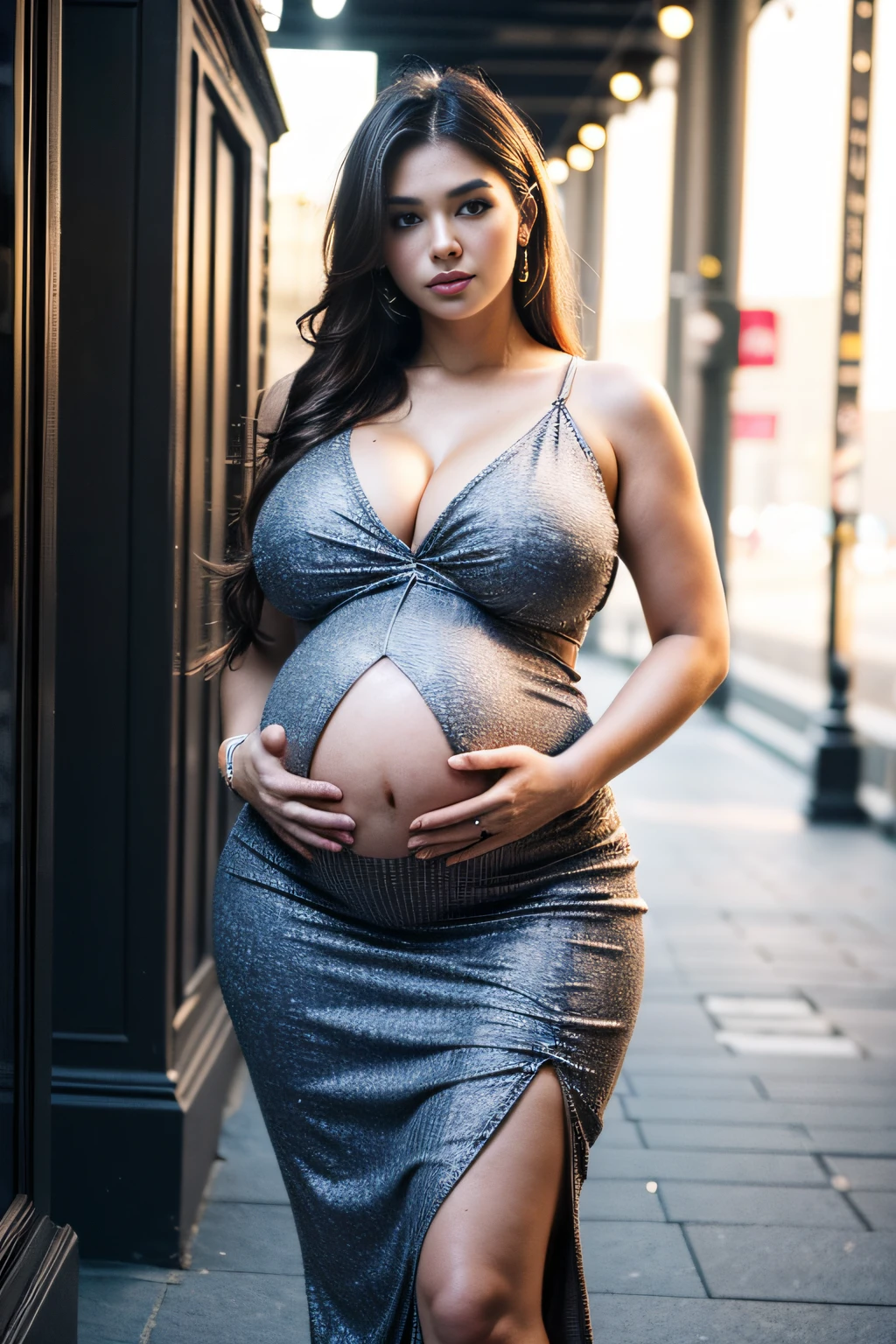 (8k, 4k, best quality, highres, ultra high res:1.1), (masterpiece, realistic, photo-realistic:1.1), 1girl, face, close-up full body, twintails, blonde hair,((huge breast)), (big curvy hips), (huge pregnant:1.3), (narrow waist ) (looking at viewer:2), sexy shoulders, blushing cheeks, beautiful navel, nikon z9, 30mm lens, sharp focused face, f/4, iso 200, shutter 1/250, cinematic light, medium shot, raw ,intricately detailed, award winning photograph, high sharpness, facial symmetry, bokeh, ultra-detailed, at public space