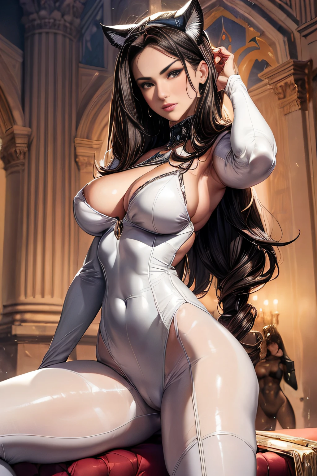 ((((tetas enormes)))) Monica Bellucci en traje de catwoman blanco, flaco, delgado grueso, small waist, 8k, pezones marcados duros y erectos, camel toe marcado, Golden ratio body, cuerpo flexible,Calm expression,Nueva York de noche,Gestos guapos,heroism,Aspecto majestuoso,Abs