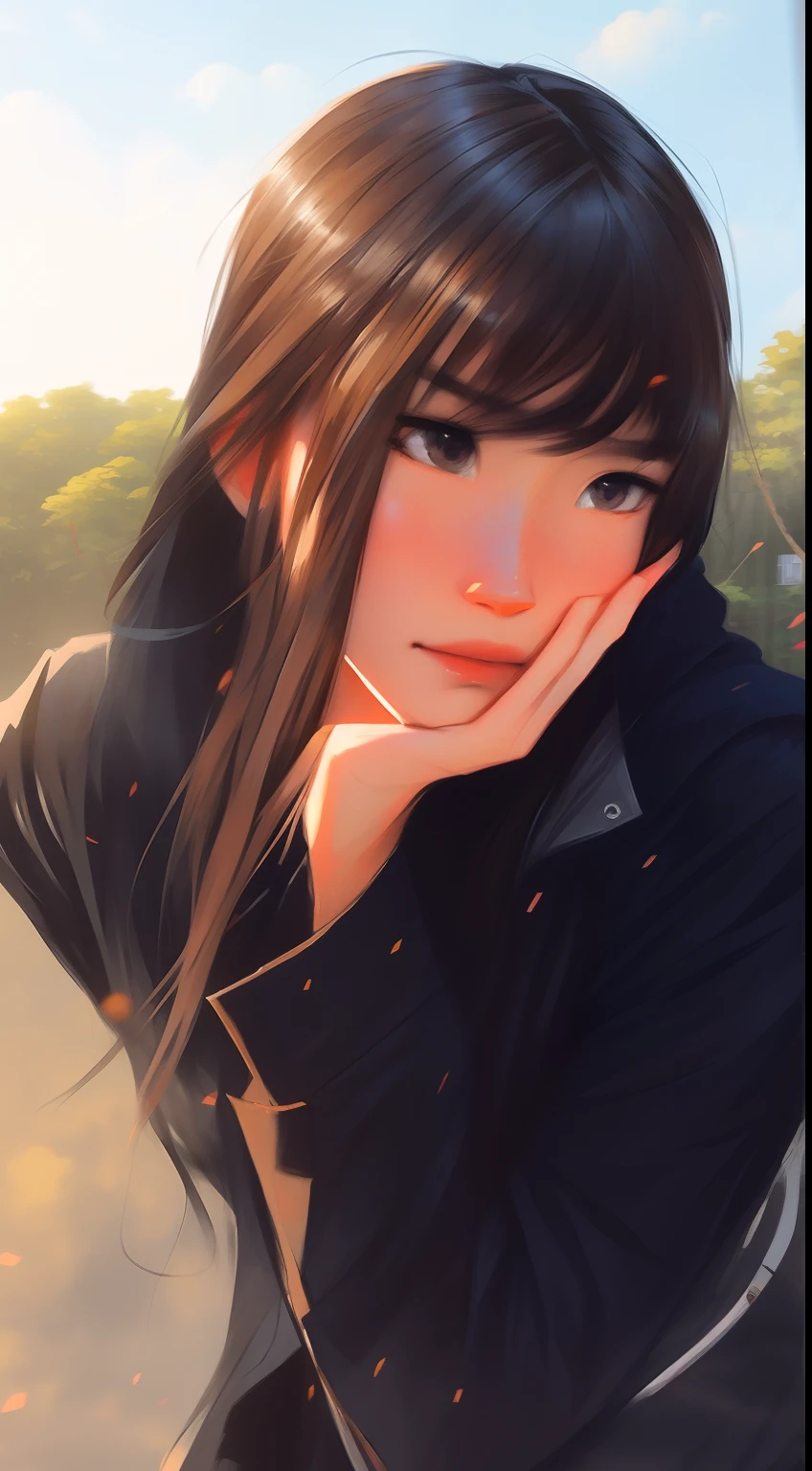 painting of a woman with long hair and a black jacket, artwork in the style of guweiz, beautiful anime portrait, anime style portrait, portrait anime girl, digital art ilya kuvshinov, detailed portrait of anime girl, portrait of anime girl, anime portrait, anime girl portrait, ilya kuvshinov with long hair, realistic anime artstyle