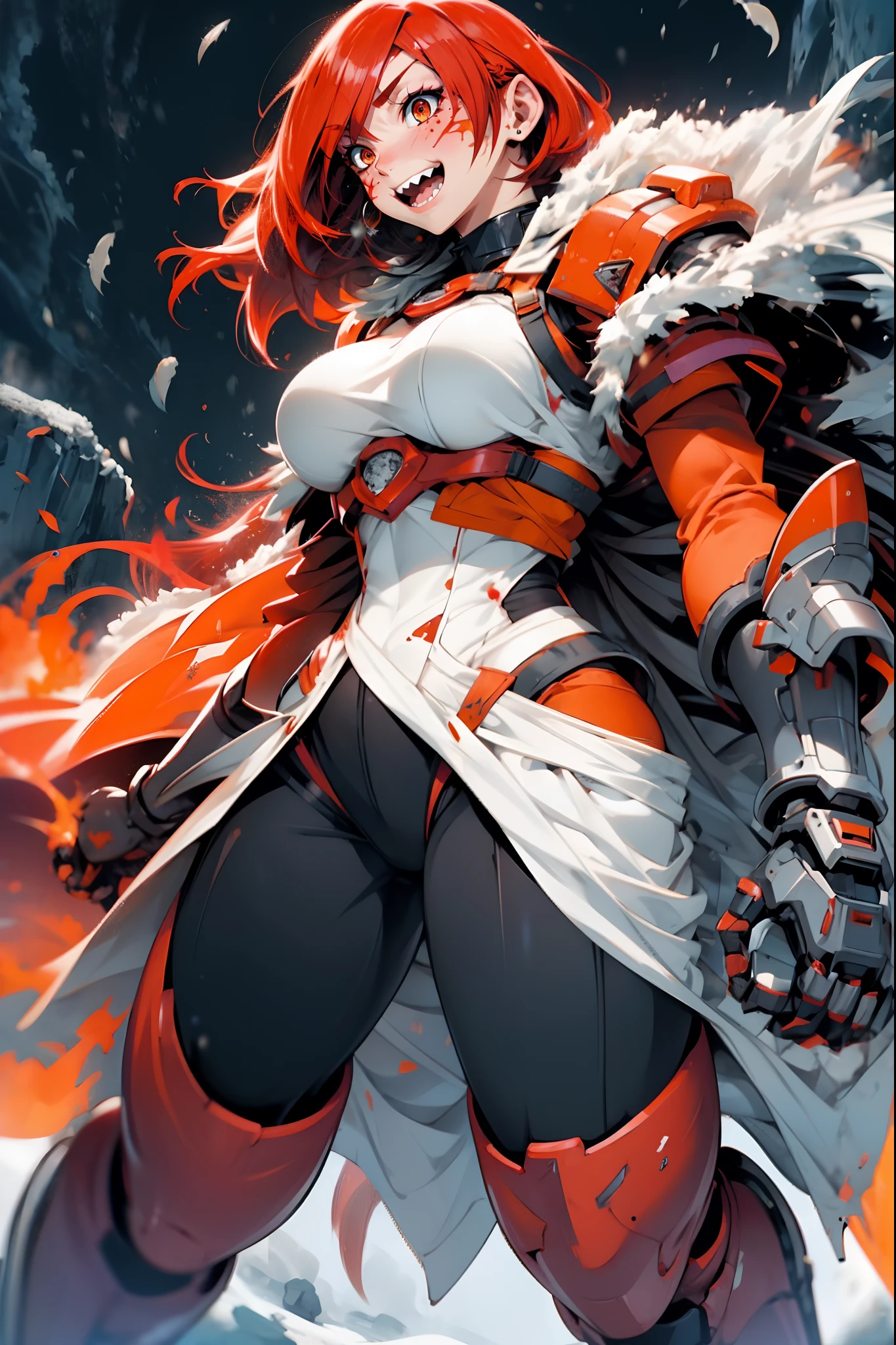 lava, red hair, orange eyes, adventurer cloths, big breast, smile, facial mark, long hair, standing solo, full body, boots, sharpteeth, tundra snow