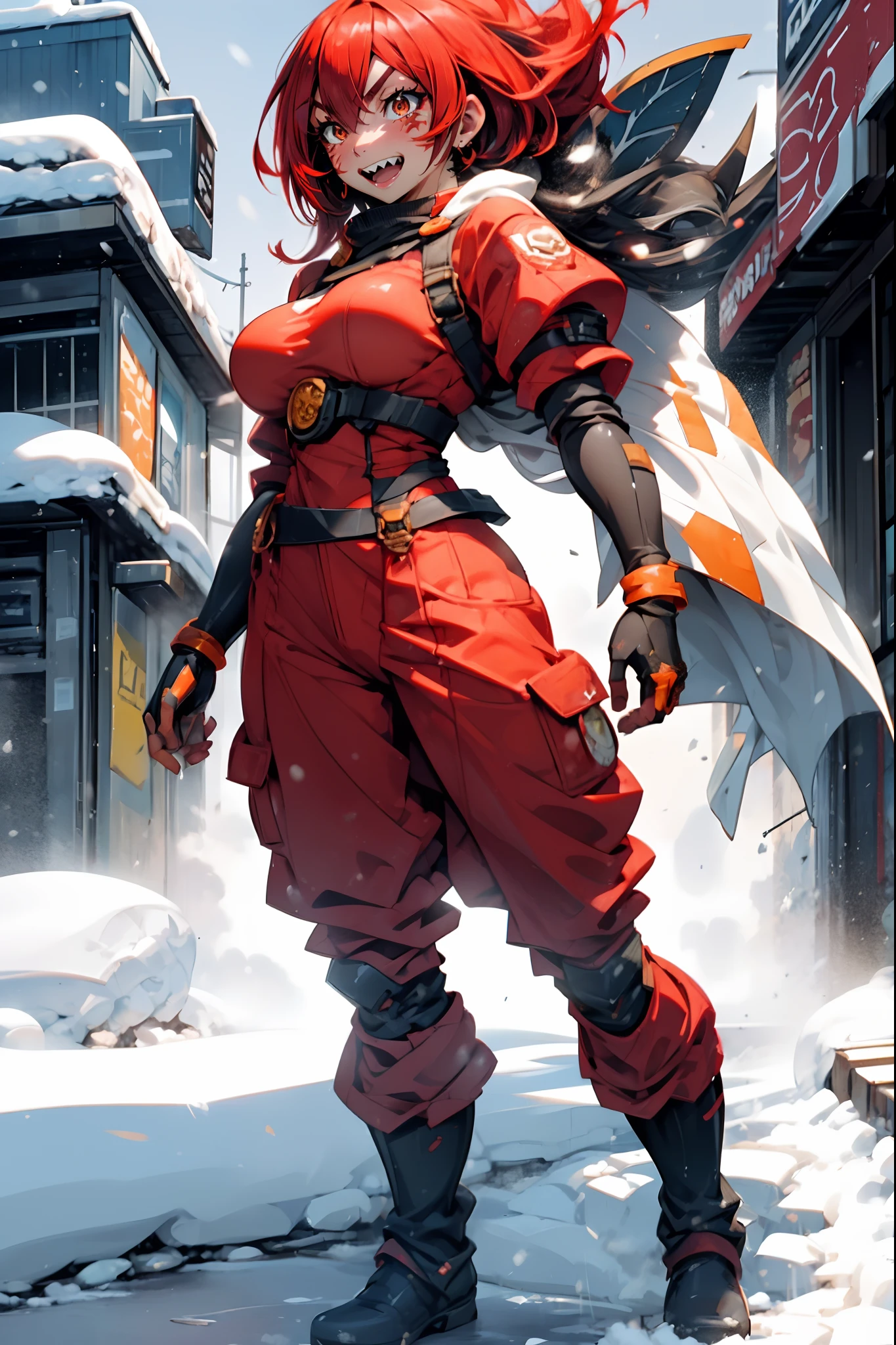 lava, red hair, orange eyes, adventurer cloths, big breast, smile, facial mark, long hair, standing solo, full body, boots, sharpteeth, tundra snow