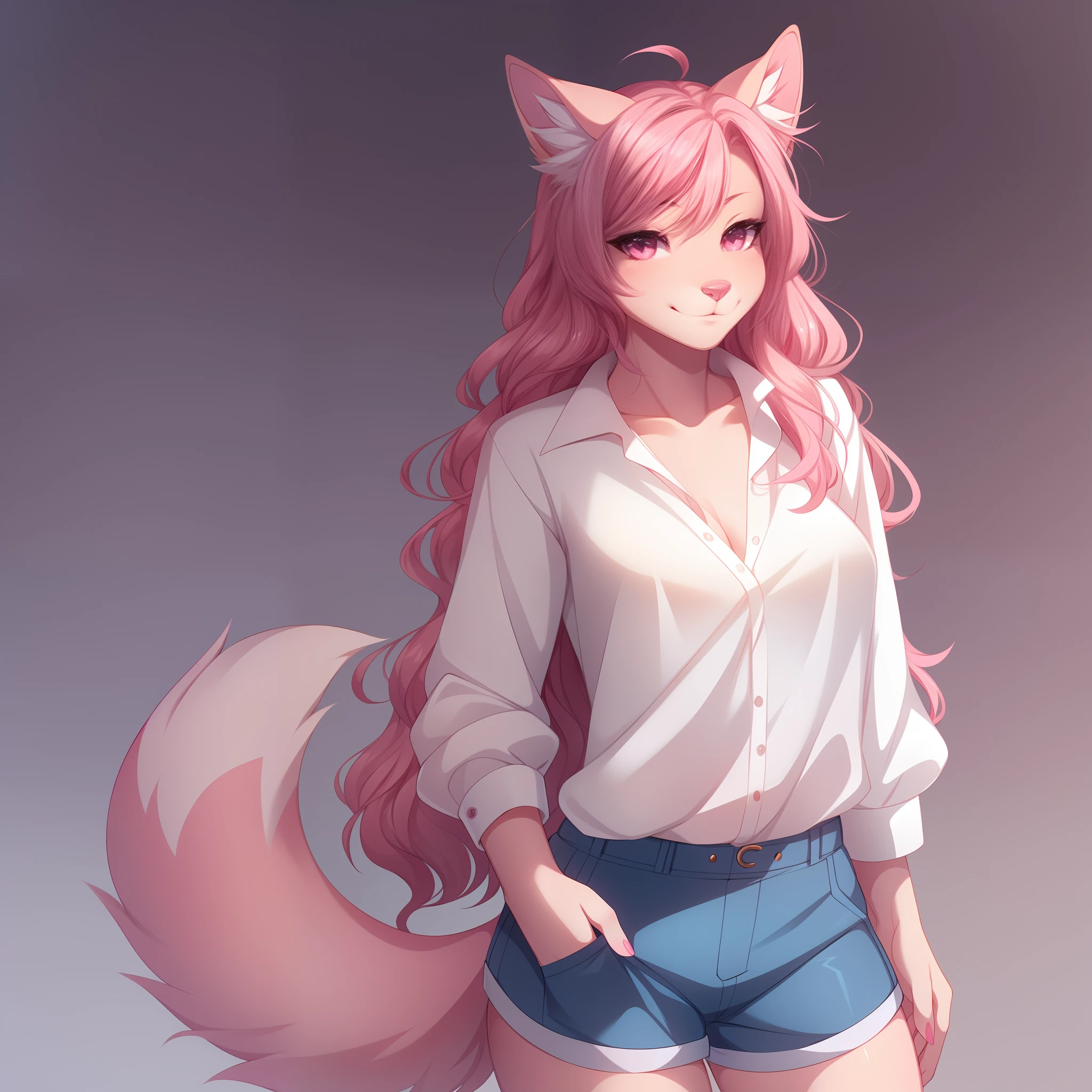 solo:1.3, a cute pink domestic dog, tall woman, pink fox tail,  pink furry body, cute snout, pink nose, pink eyes, very long curly pink hair, pink floppy dog ears, naked, by fumiko, by hyattlen, standing, simple background