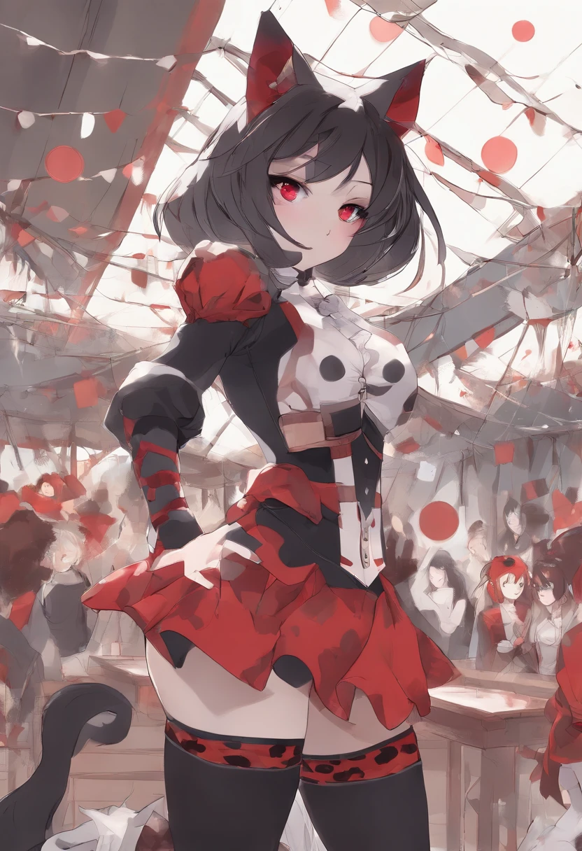 A female in the middle of a faire tent. She has Wolfish dark brown hair and her face is painted like a wolf with red checks like a clown. She has wolf ears and a wolf tail. Her eyes are blue and her skin is very pale. She has a white clown collar. She wears a red leotard with white stripes. And has bell bottom shorts under the leotard that puff out at the bottom and then come back in. They have red polka dots on them. She wears slightly sheer tights with toe-cut outs. She is bare foot. She has sheer long gloves that match her tights.