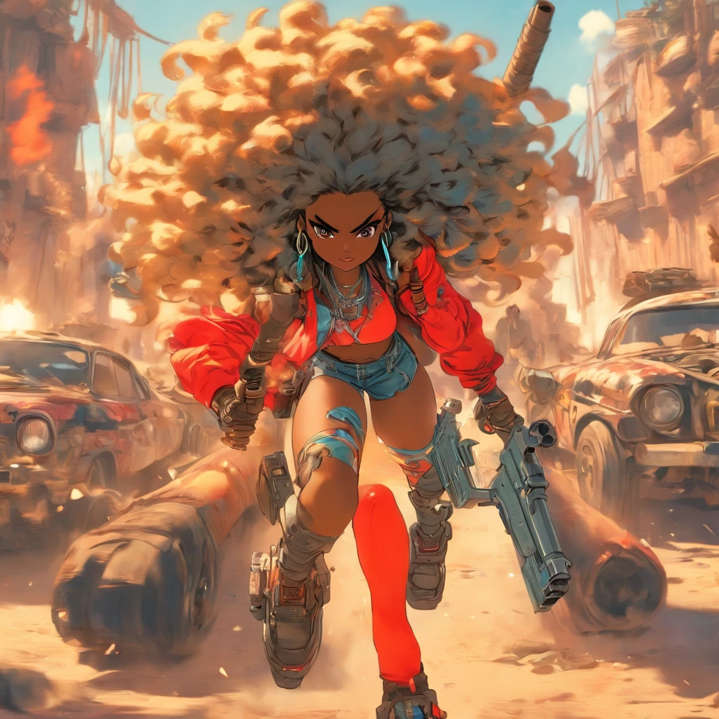 African woman of different mood with very long curly hair, Mostrando Clevage, agarrado en toalla blanca,Holding the gun and the back of a bunch of random weapons wide angle on a random antique car background, Silver Rocket Launcher with Babydoll Lingerie、Ropa corta estilo cyberpunk vehicle color amarillo, pantimedias red , Mini falda azul, Perfect anatomy, Ilustrativo, pictorial, Detallado, Dibujo UHD, Pluma y tinta, perfect composition, beautiful detailed intricate insanely detailed octane render trending on artstation, 8 k artistic photography, Arte conceptual fotorrealista, suave natural