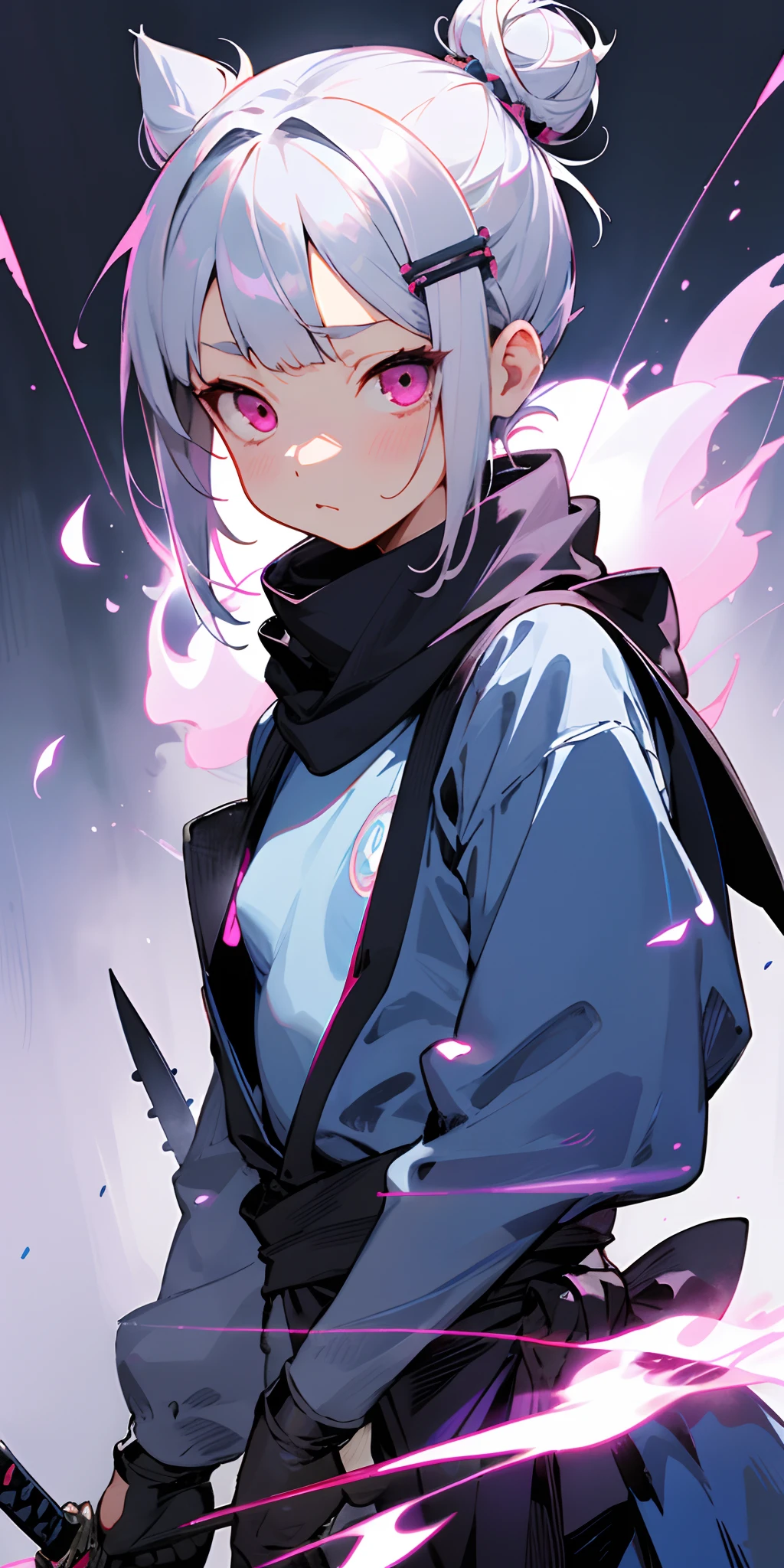 The upper part of the body、女の子1人、Short hairstyle with silver hair and bob, Hair tied in a bun with a hair clip, Pink eyes, small tits、(ninjartist)、daggers、Medium Breath、scarf、wall-paper、Magic array background、Particles of light、blue flames、
