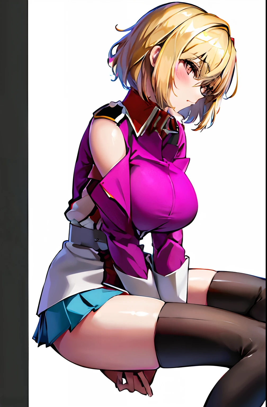 masterpiece, best quality, highres, 1girl, solo, skirt, military uniform, short hair, messy hair, thighhighs, blush, sexy pose, large breasts, seductive pose, medium shot, side view