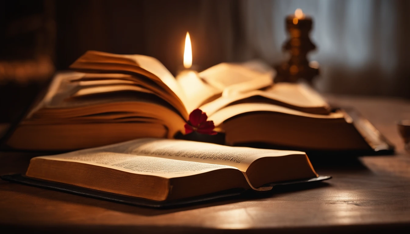 an open Bible on a table, com uma luz brilhando nela