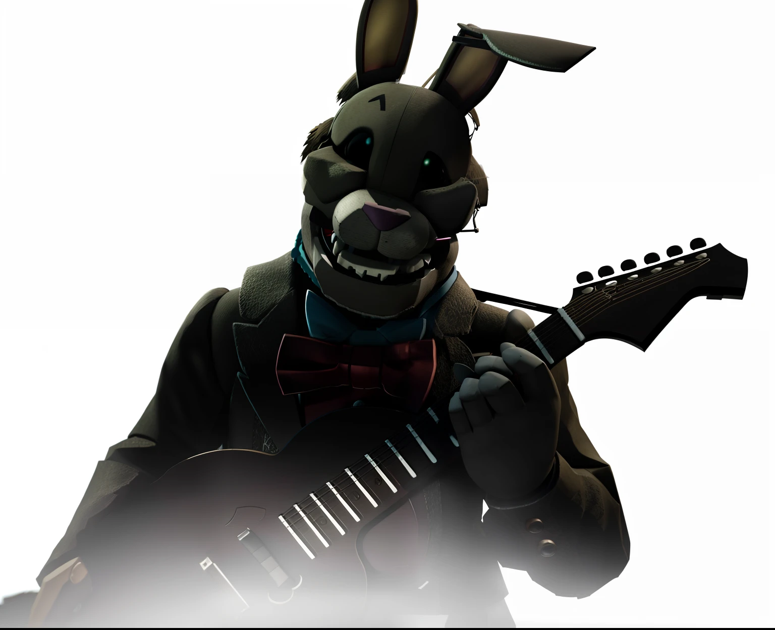 Large rabbit character with a guitar and a bow tie is playing a song, animatronic, springtrap, horror animatronic, nightmare render, five nights at freddy's.