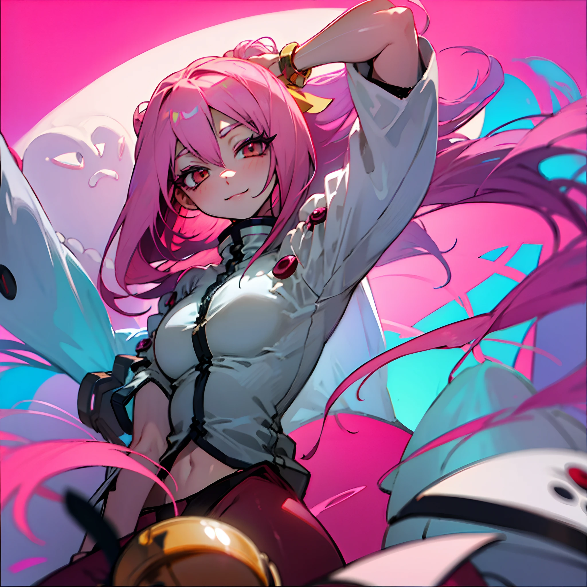 kokonoe mercury, Loli hermosa chica, cuerpo completo, cabello rosado, bob rizado, cabello largo, tetas grandes, gafas, ojos detallados, sonrisa detallada, (pink pubic hair), modelado, detalles detallados, mostrando el respaldo de la cama, Holographic, fondo color gris