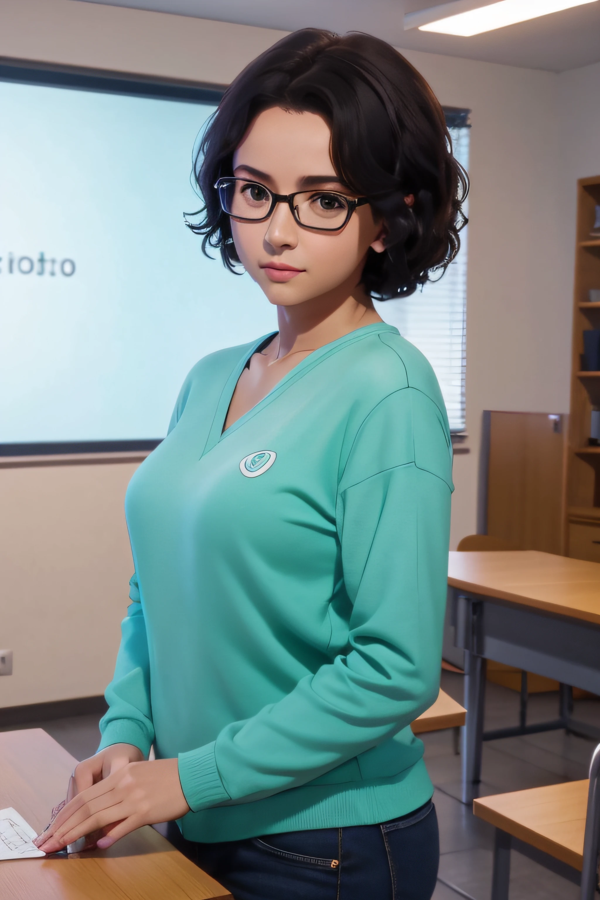 (melhor qualidade,4k,8k,Altas,master part:1.2),ultra-detalhado,(Realistic,fotorrealista,photo-realistic:1.37),HDR,UHD,studio lighting A age girl with fair skin and short curly black hair, Wearing round glasses and student clothes, sentado em cima de uma mesa em uma sala de aula. She has an unsexualized body, No kind of sexual appeal . The classroom is well-lit with studio lighting, criando uma atmosfera realista e detalhada. A qualidade da imagem deve ser a melhor com 4k, 8k or High Resolution, assemelhando-se a uma obra-prima. As cores devem ser vibrantes e vivas, capturing the essence of the scene.