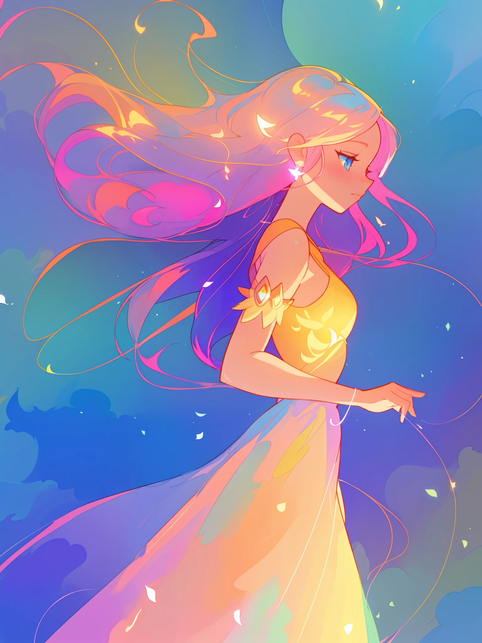 Beautiful black anime princess girl in dress., vibrant pastel colors, (Colouring), magic lights, linhas de luz cintilantes ao fundo seu castelo, inspirado em Glen Keane, inspirado em Lois van Baarle, Estilo de Arte Disney, Directed by: Lois van Baarle, Aura brilhante ao seu redor, Directed by: Glen Keane, Jen Bartel, luzes brilhantes! Pintura digital, flowing glowing hair, glowing flowing hair, Beautiful digital illustration, fundo fantasia, caprichoso, Magia, fantasia, beautiful face, ((master part, best quality)), detalhes intrincados, altamente detalhado, foco nítido, 8K resolution, olhos detalhados cintilantes, Liquid Watercolor