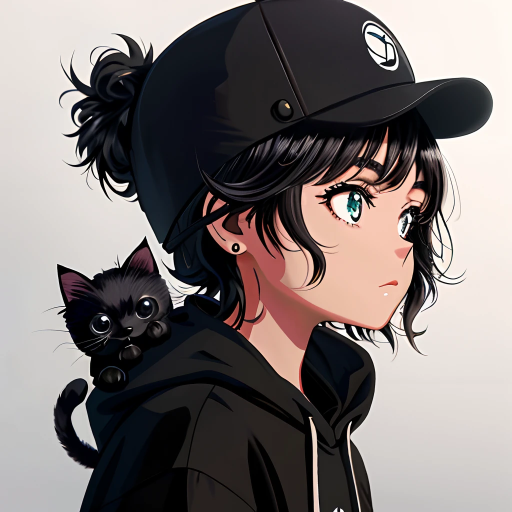 imagem de um personagem de anime para foto de perfil, em perfil, menina com cabelo preto, olhos negros, capuz preto, Black Kitten Cap, kawaii, cara bonito