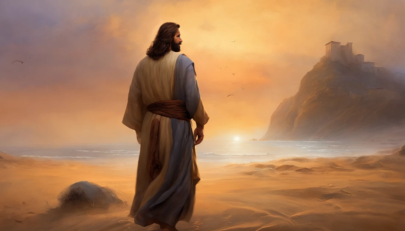 Jesus Christ standing on a mountain , olhando para a cidade de Israel . He wears a white tunic with a golden band at the waist. His face has an expression of peace and wisdom. The wind swings her long light brown hair. At his side is one of his disciples, olhando admirado para Jesus. The disciple has dark hair and beard. Both are barefoot on the soft sand. The sky at dusk is in orange and purplish hues. The sea is calm with gentle waves. The water reflects the light of the sunset in golden tones. The scene conveys tranquility and connection with nature. It is photographed with soft focus, cores vibrantes e profundidade., Thick fog on the ground, Luz azul no horizonte, Motor Unreal 5, cinemactic, Low-angle photography, motion blur, profundidade de campo, dust, Cobblestones and dirt. Arte Splash, pingando tinta. Perfect color classification. influenciado por karel Appel e jeremy mann, Full of dramatic and threatening scenes, hiper-detalhado, Beautiful, detalhes insanos, detalhes intrincados, fotografia editorial, Fotografado com uma lente de 50mm, profundidade de campo, Tilt Blur, velocidade do obturador 1/1000, F/22. Mapas de luz, super brilhante