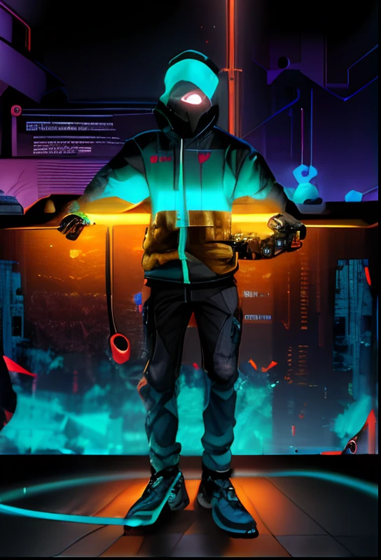 (Absurdres, Intricate Details, Masterpiece, Best Quality, High Resolution, 8k), 1 male, swedish, mature, aged up, handsome, finely detailed eyes and face, brown quiff hair, teal eyes, looking at viewer, solo, (full body:0.6), detailed background, detailed face, (CircuitBoardAI, electronic theme:1.1) evil high-tech futuristic hacker, smirk, advanced technology, hoodie, techwear, keycard, cables, (holographic display:1.05), error message, computer, password, server room in background, orange lights, cyber-warfare, dark sinister atmosphere, Depth of Field, VFX.