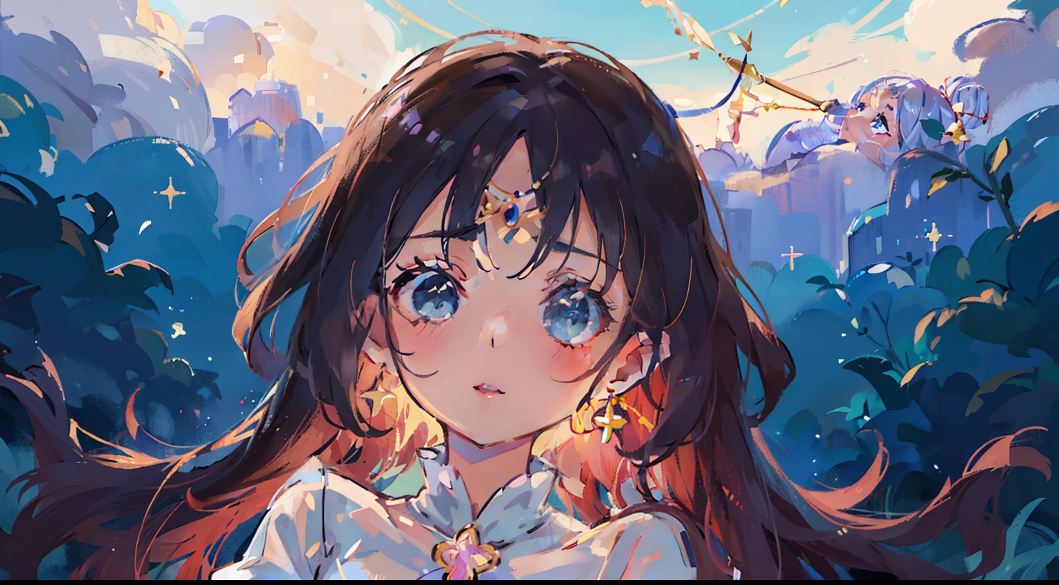 (best quality,ultra-detailed,realistic:1.37),girl in a magical setting,sailor moon holding a magical wand with multiple stars around,illustration,pastel colors,soft lighting,sparkling stars,mystical atmosphere,shimmering effects,glowing moonlight,enchanted garden,flower petals floating in the air,flowing ribbons,epic transformation,magical girl powers,feminine and elegant,graceful poses,sparkling eyes,detailed facial features,flowing and intricate costume,moon and star motifs,whimsical background,twinkling fairy lights,ethereal beauty,joyful expression.