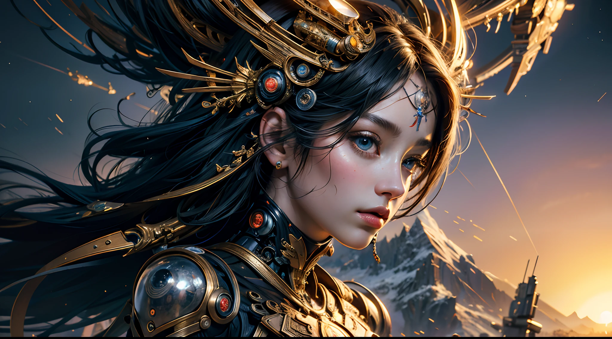 ((best quality)), ((masterpiece)), (detailed), giant mecha, horror beauty, perched on a cloud, (fantasy illustration:1.3), enchanting gaze, otherworldly charm, mystical sky, (Luis Royo:1.2), (Yoshitaka Amano:1.1), moonlit night, soft colors, (detailed cloudscape:1.3), (high-resolution:1.2)